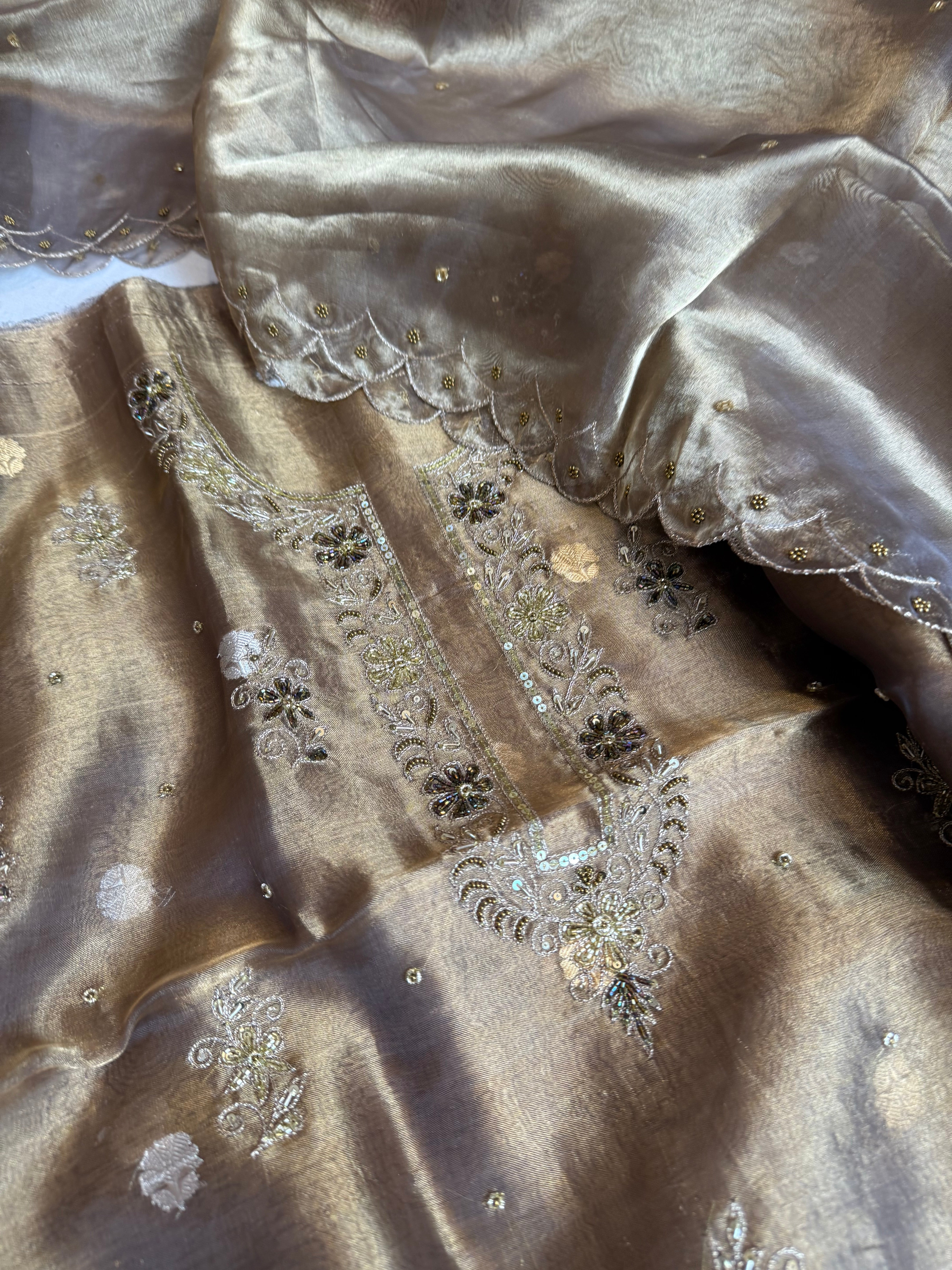 Maharani tissue silk hand embroidered kadhwa suit set