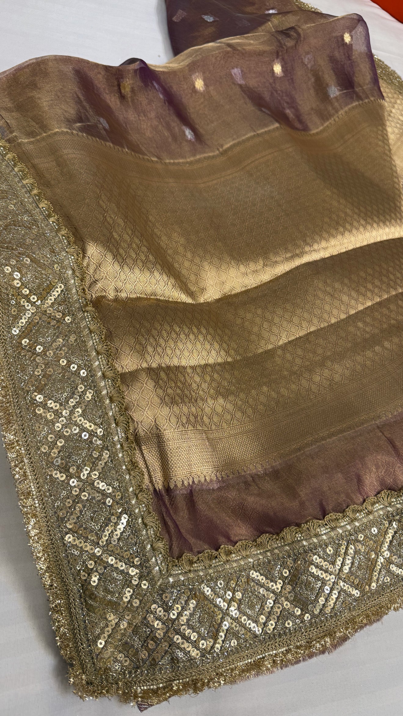 Maharani deep grapewine purple tissue silk kadhwa buti saree