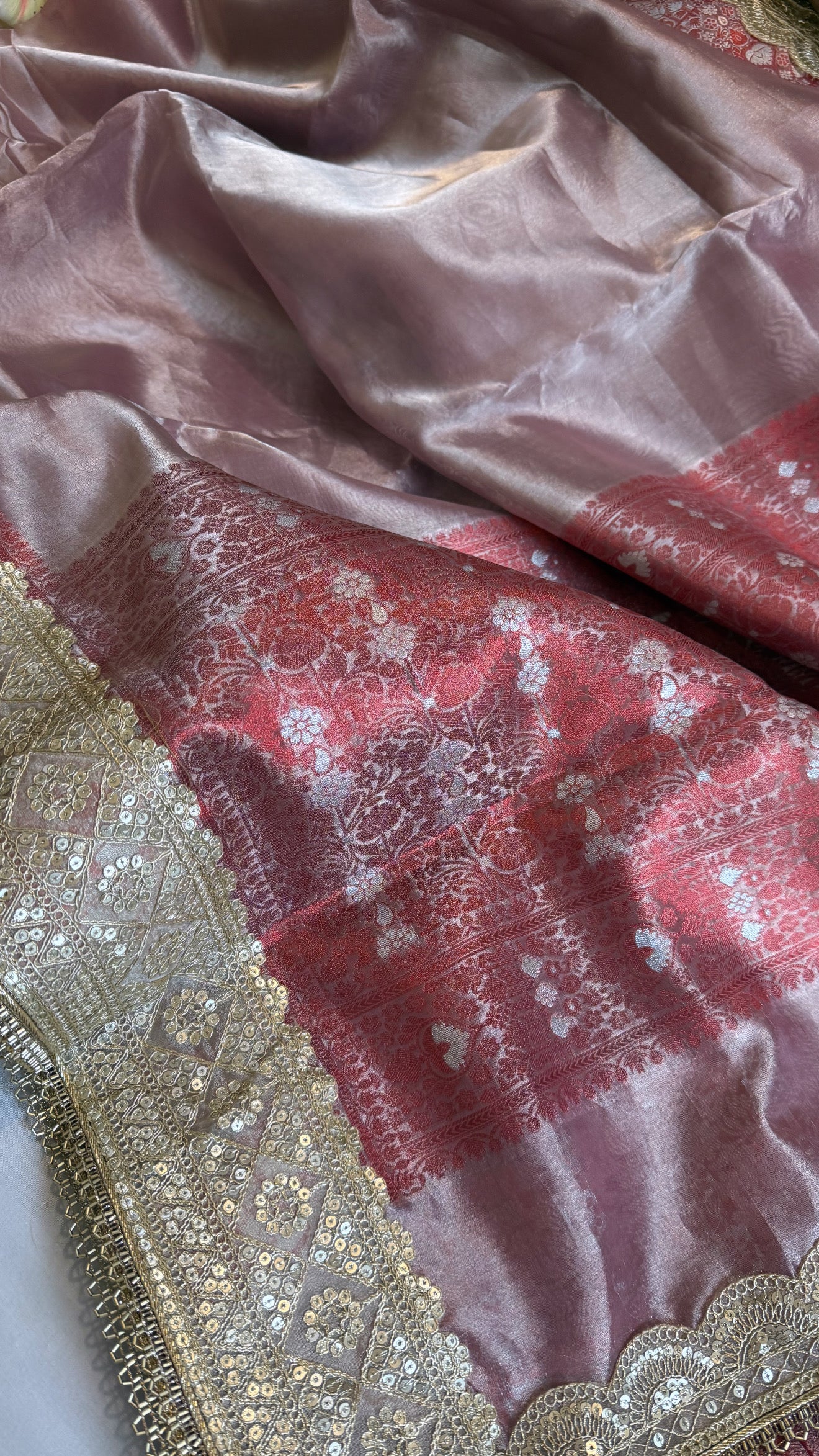 Maharani blush pink tissue silk meenakari kadhwa saree