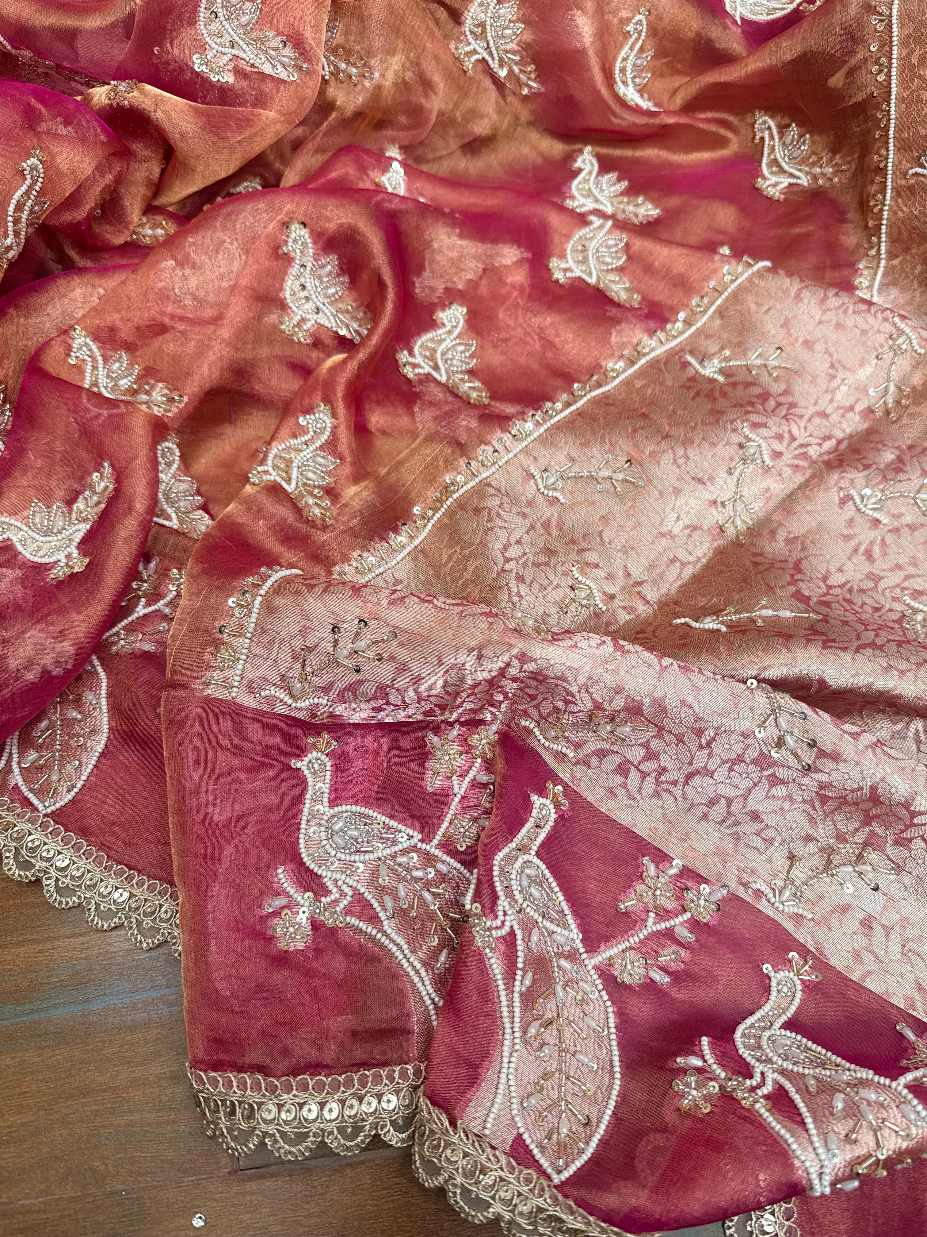Tyohaar edit - Pearlwork morni hand embroidered tissue silk kadhwa saree