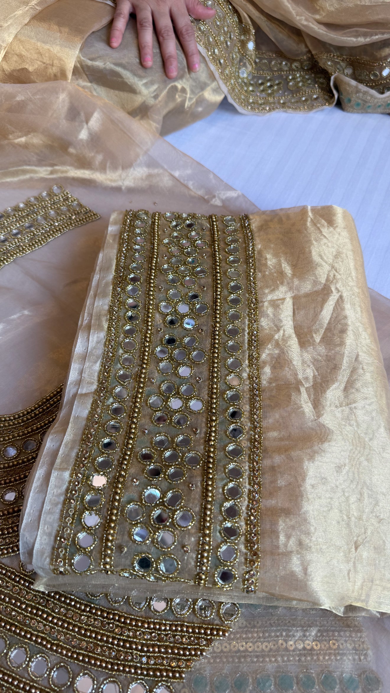 Mirror work edit - Champagne gold tissue silk mirror work heavy banarasi border saree