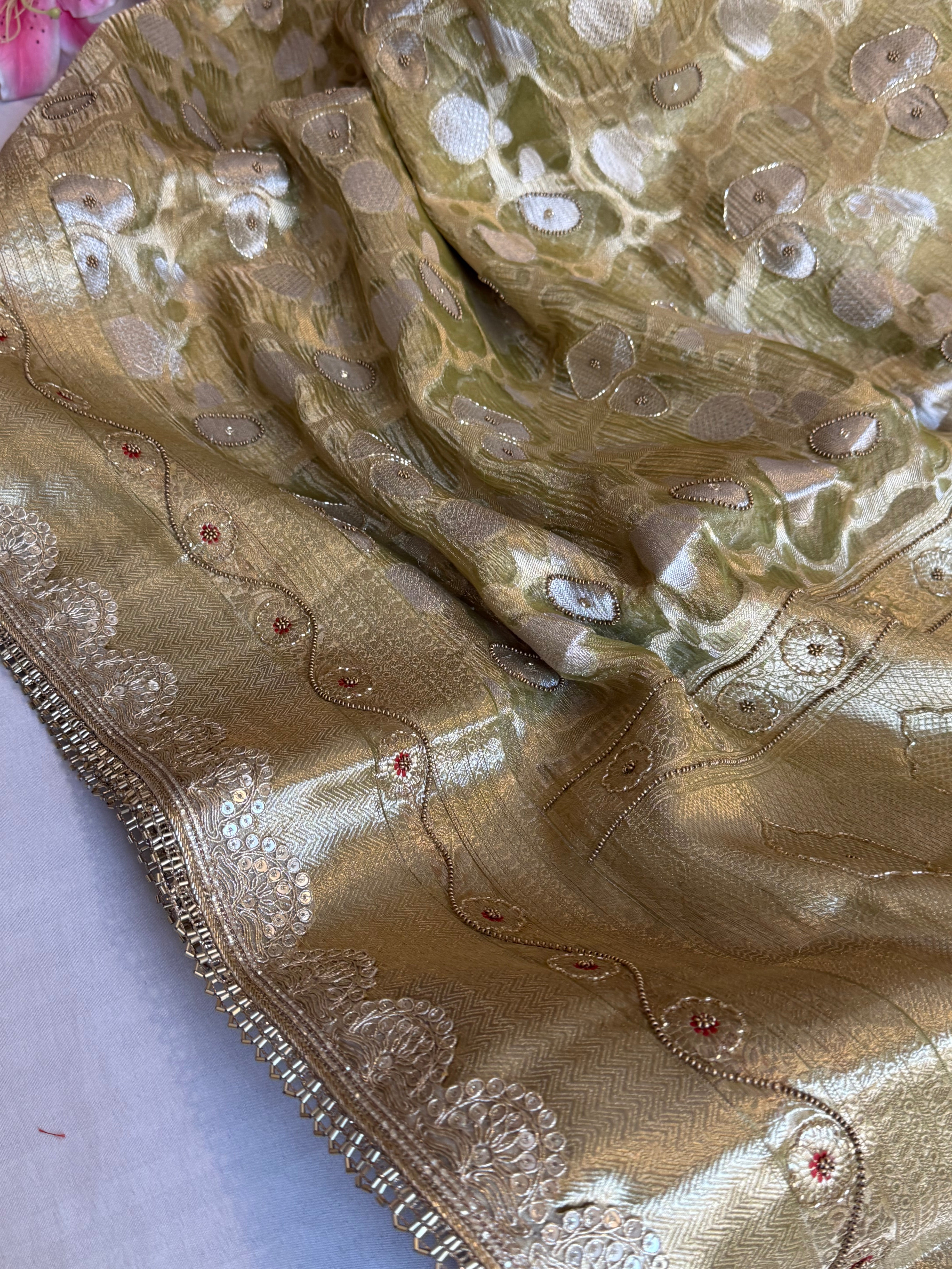 Mehfil sona rupa crushed tissue silk hand embroidered kadhwa saree