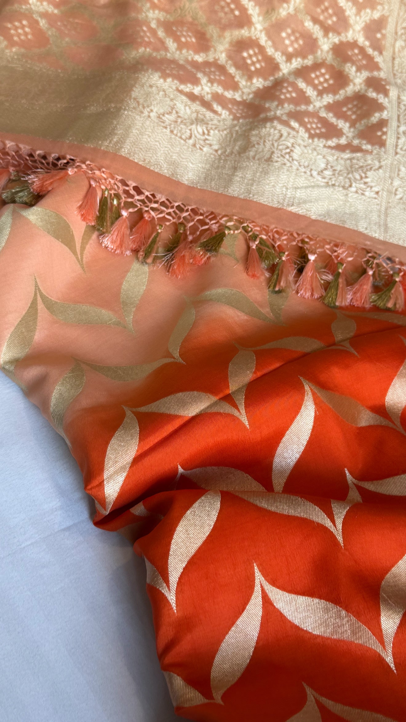 Fanta orange ombre shaded kadhwa chiniya silk kurta paired with chiffon gorgette duppata