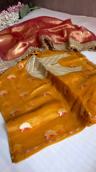 Heeramandi haldi yellow-rani pink contrast tissue silk suit set