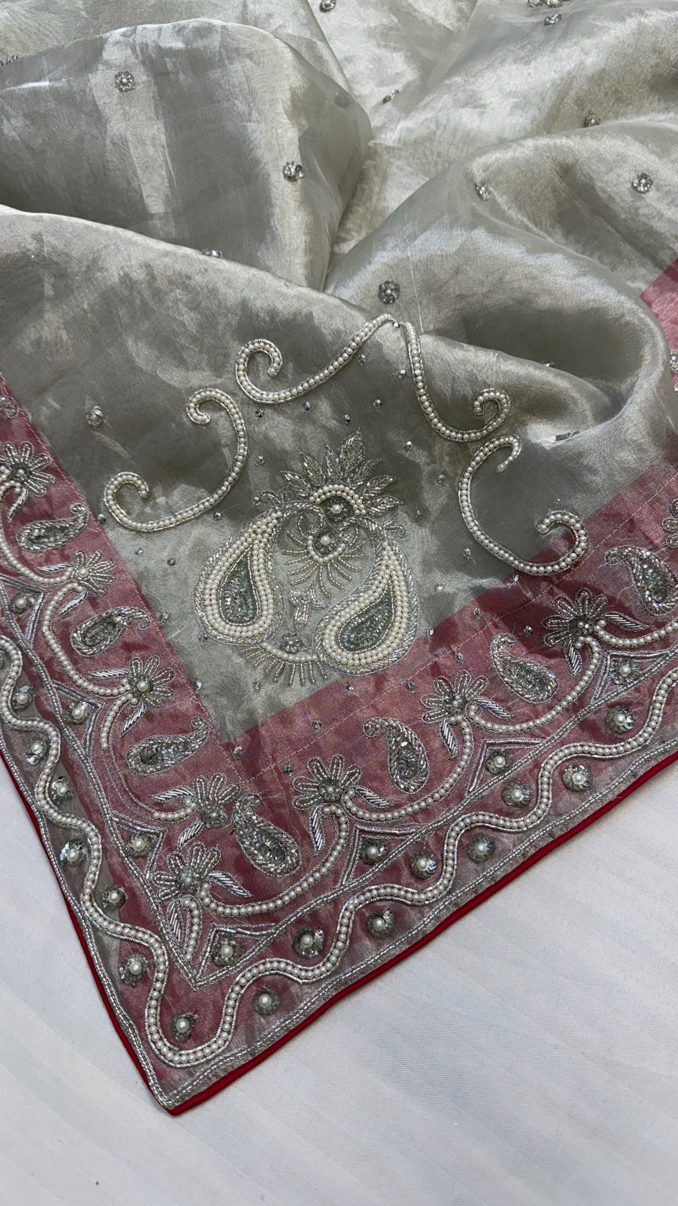 Gulab ki pankhuri husn tissue silk heavy hand embroidered zardozi border saree