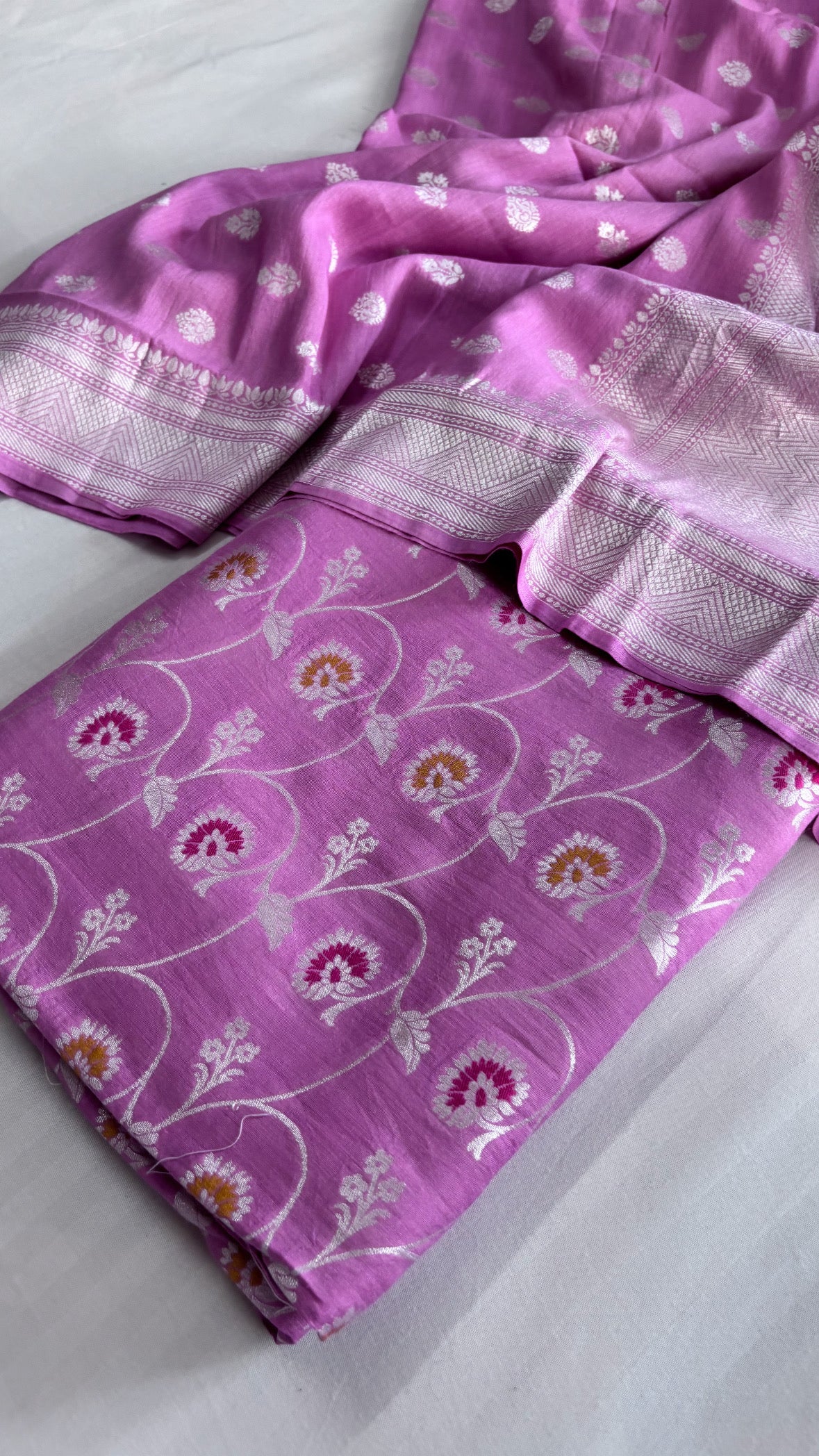 Blush pink silver zari jungla meenakari moonga silk suit set