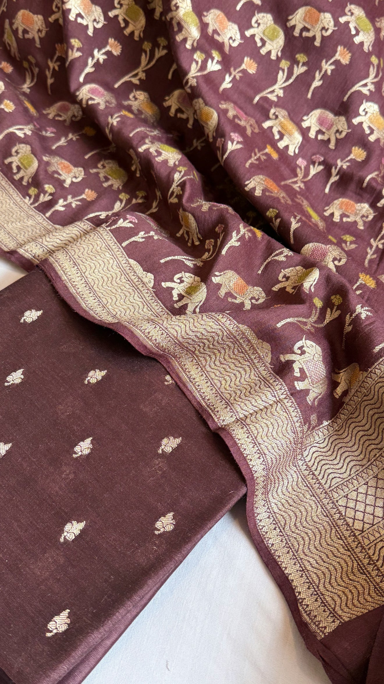 Deep wine moonga silk elephant motif kadhwa weaving suit set