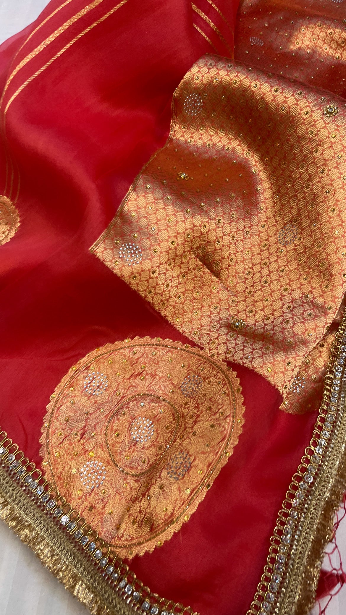 Tomato red sitara kora silk stonework saree