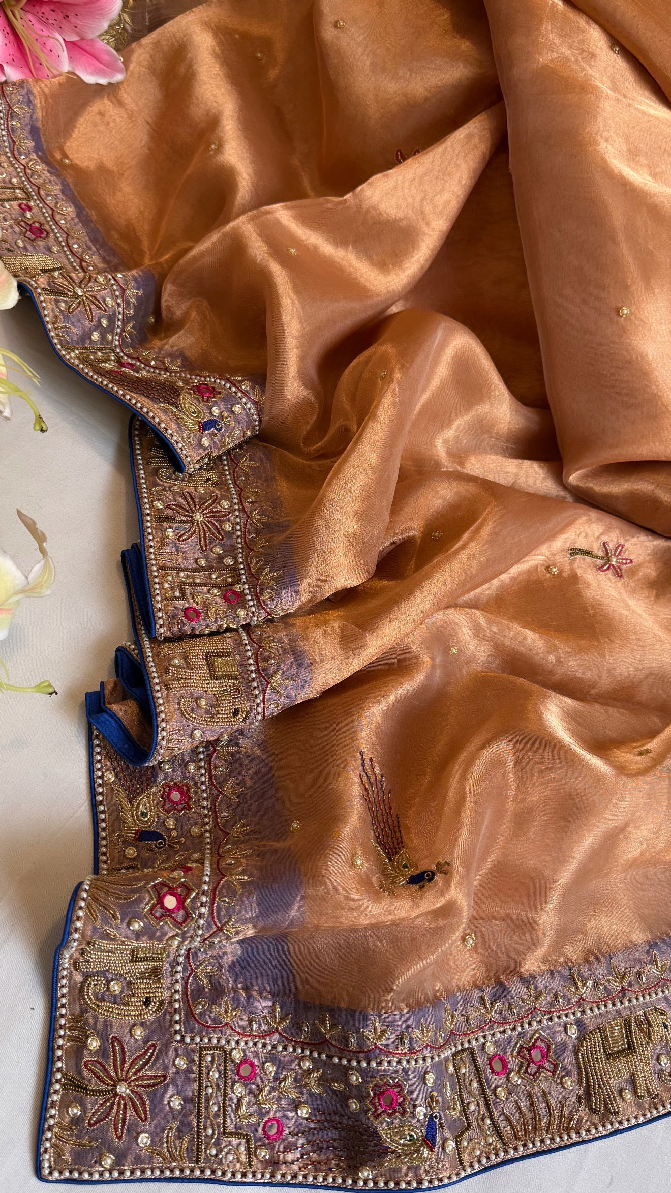 Sheeshmahal shikargah edit - Rose gold tissue silk hand embroidered elephant motif border kadhwa saree