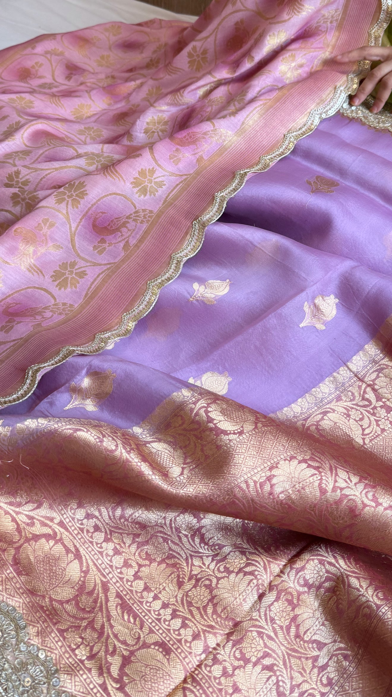 Kora silk chap dye contrast border saree paired with moonga silk duppata set