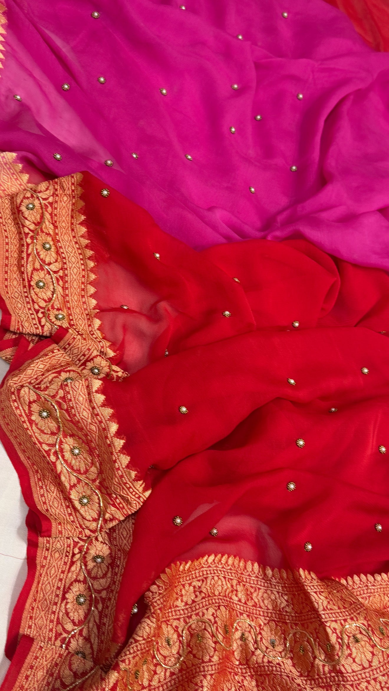 Red-rani hand embroidered ombre shaded chiffon gorgette kadhwa saree