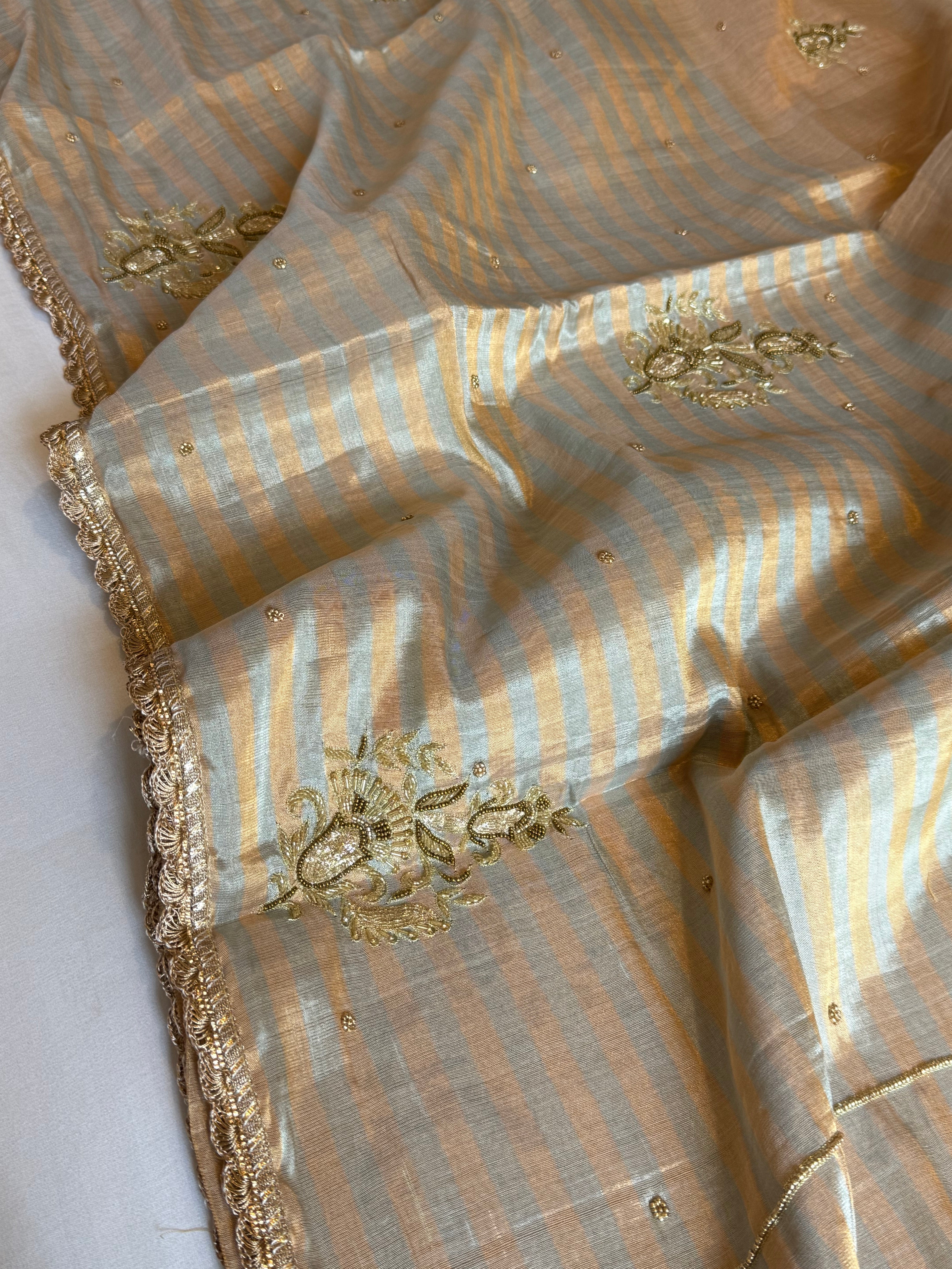 Golden satin tissue silk heavy hand embroidered kadhwa saree