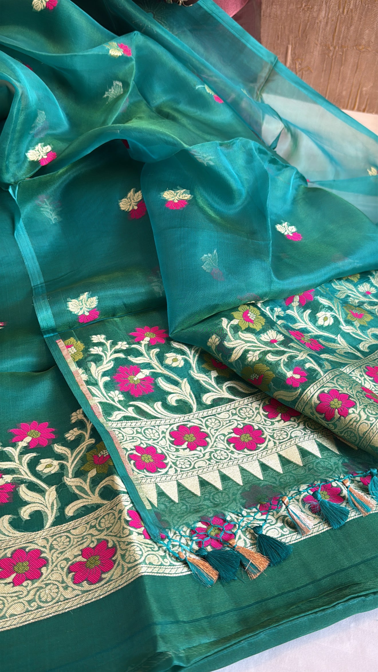 Emerald green dhup chao effect tissue silk meenakari kadhwa suit set