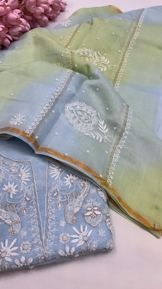 Pure Banarasi ice blue handloom premium cotton kadhwa lucknowi chikankari hand embroidered suit set with intricately hand embroidered motifs and ombre shaded duppata set