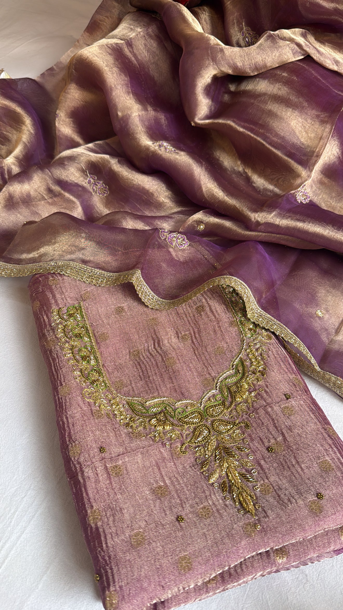 Dusty lilac tissue silk hand embroidered heeramandi kadhwa suit set