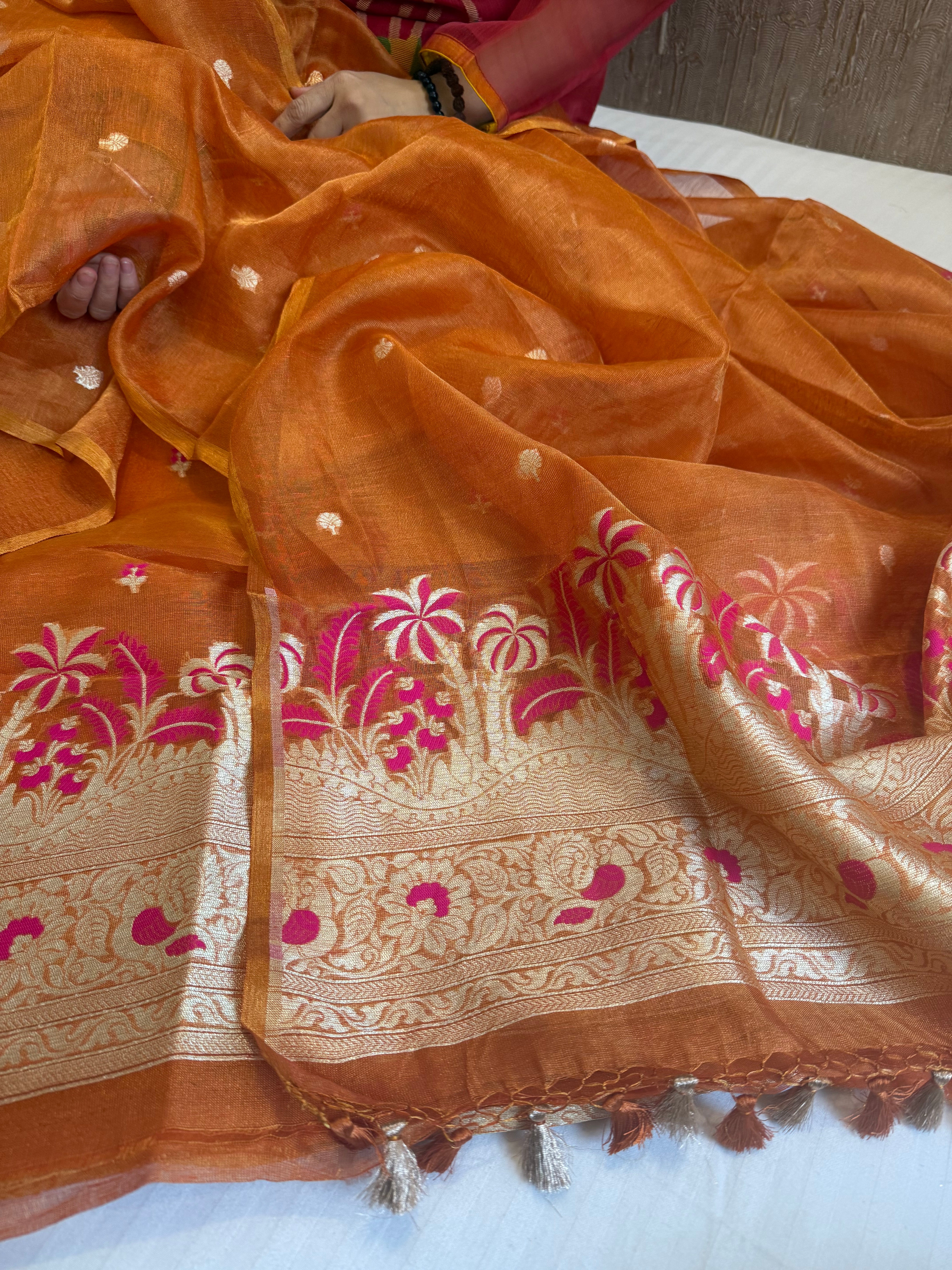 Linen tissue fanta orange meenakari kadhwa buti suit sets