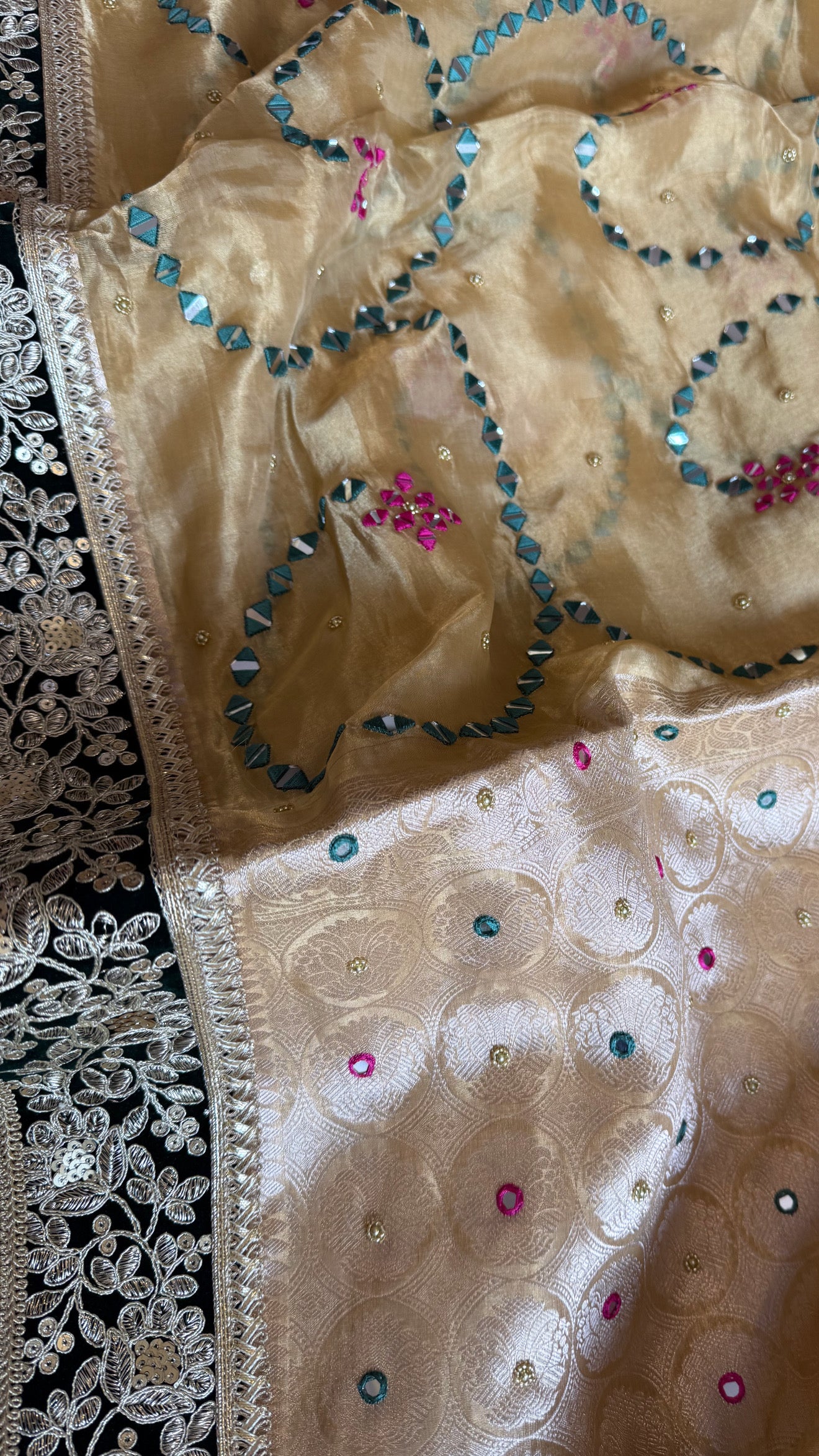 Sheesham edit - Heavy mirror work double tissue silk hand embroidered saree