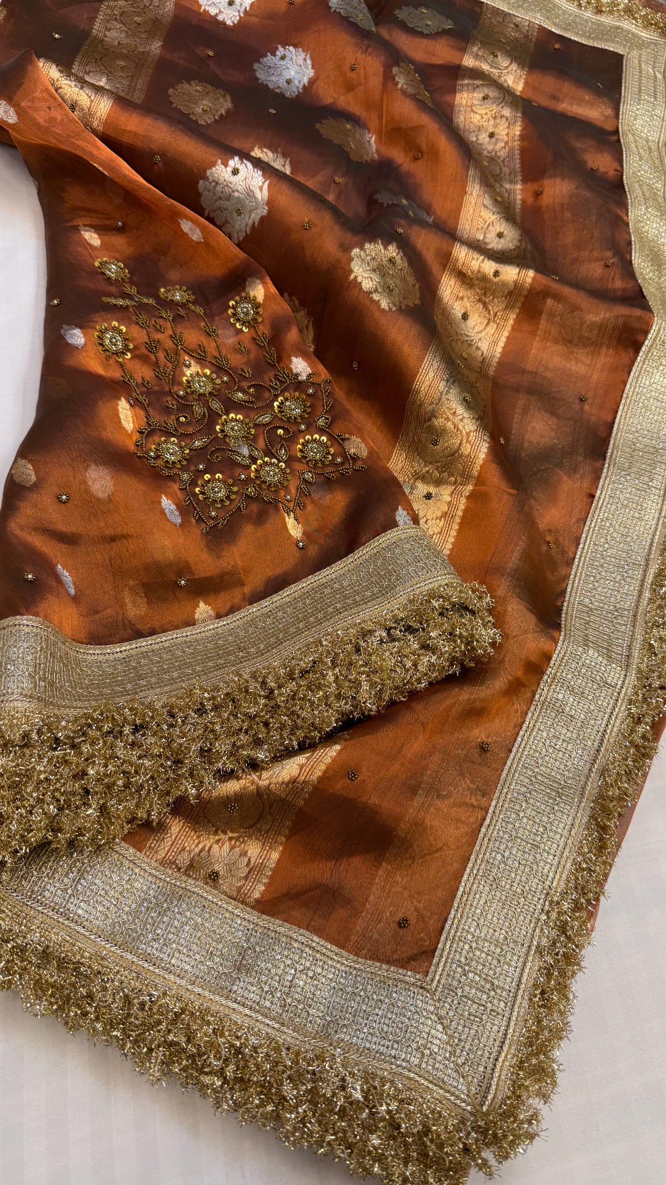 Cocktail edit sarees - Bronze tissue silk heavy hand embroidered sarees