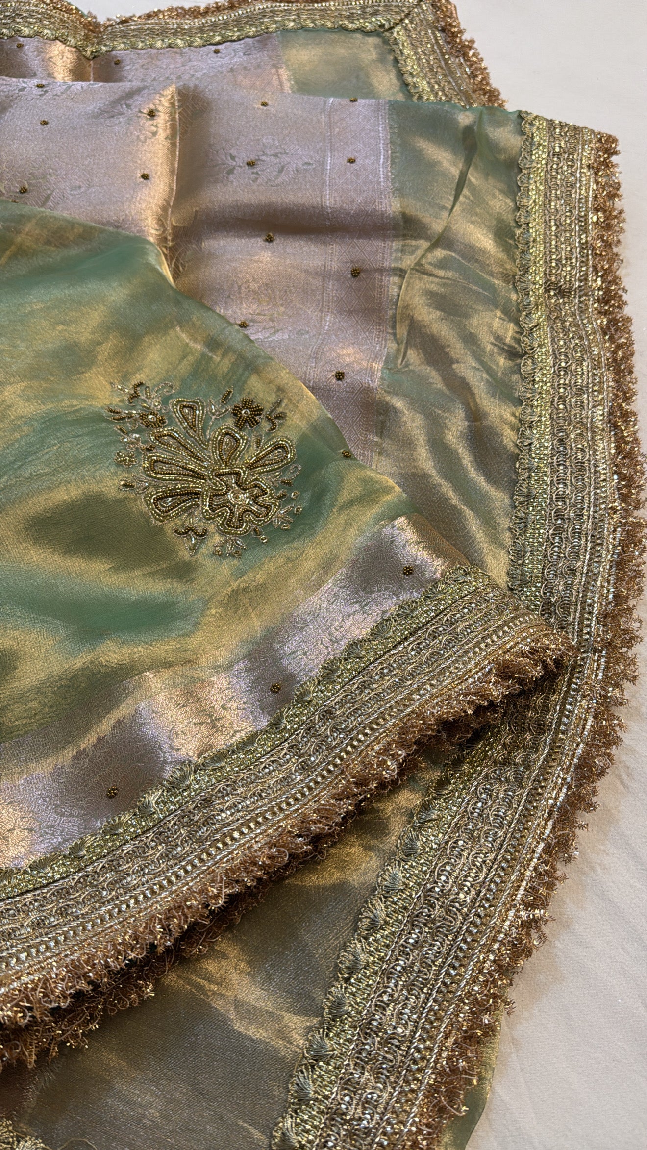 Candy green tissue silk hand embroidered kadhwa gotapatti saree