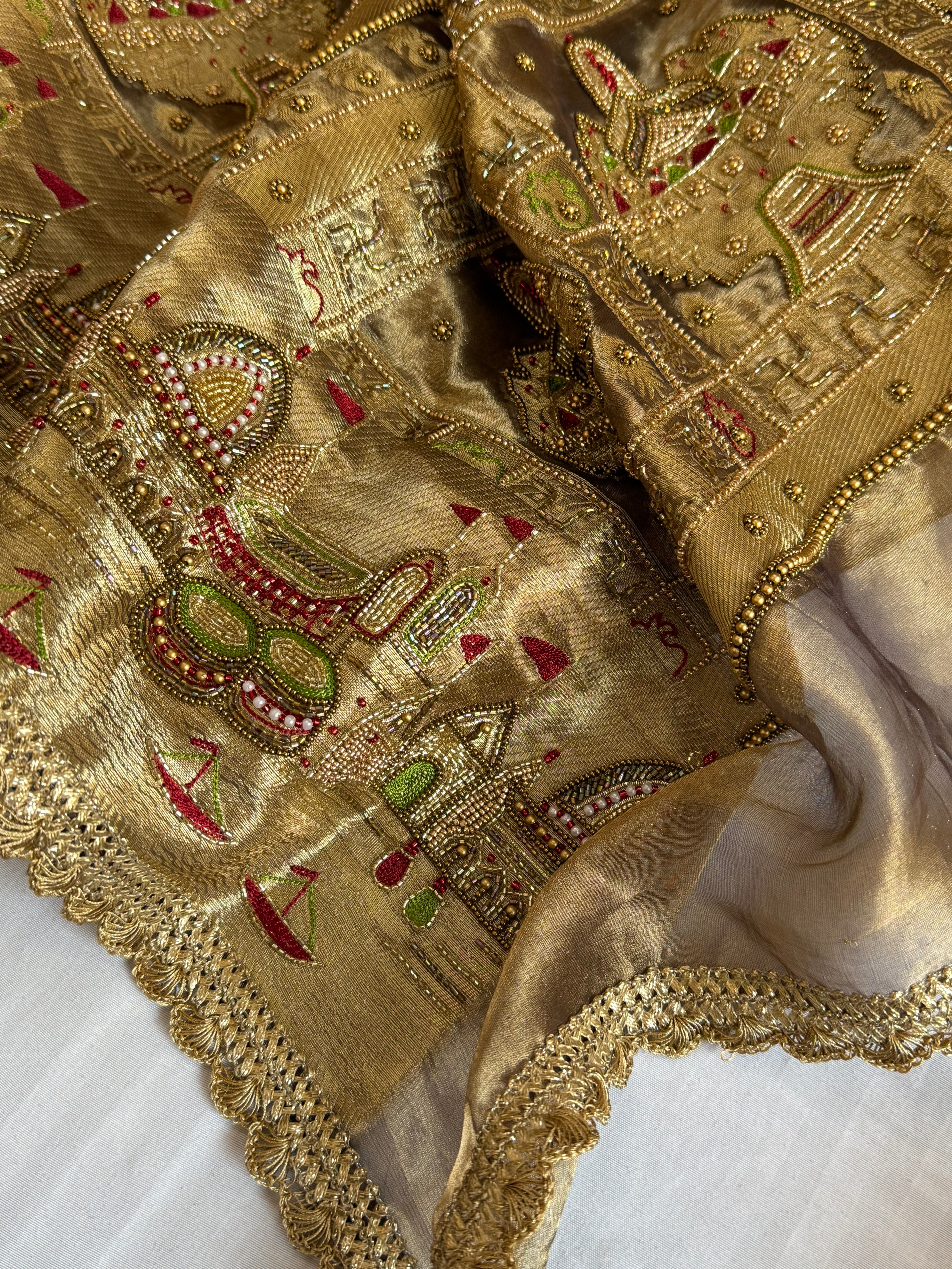 Gangaghat edit saree - Molten antique gold tissue silk meenakari hand embroidered kadhwa saree