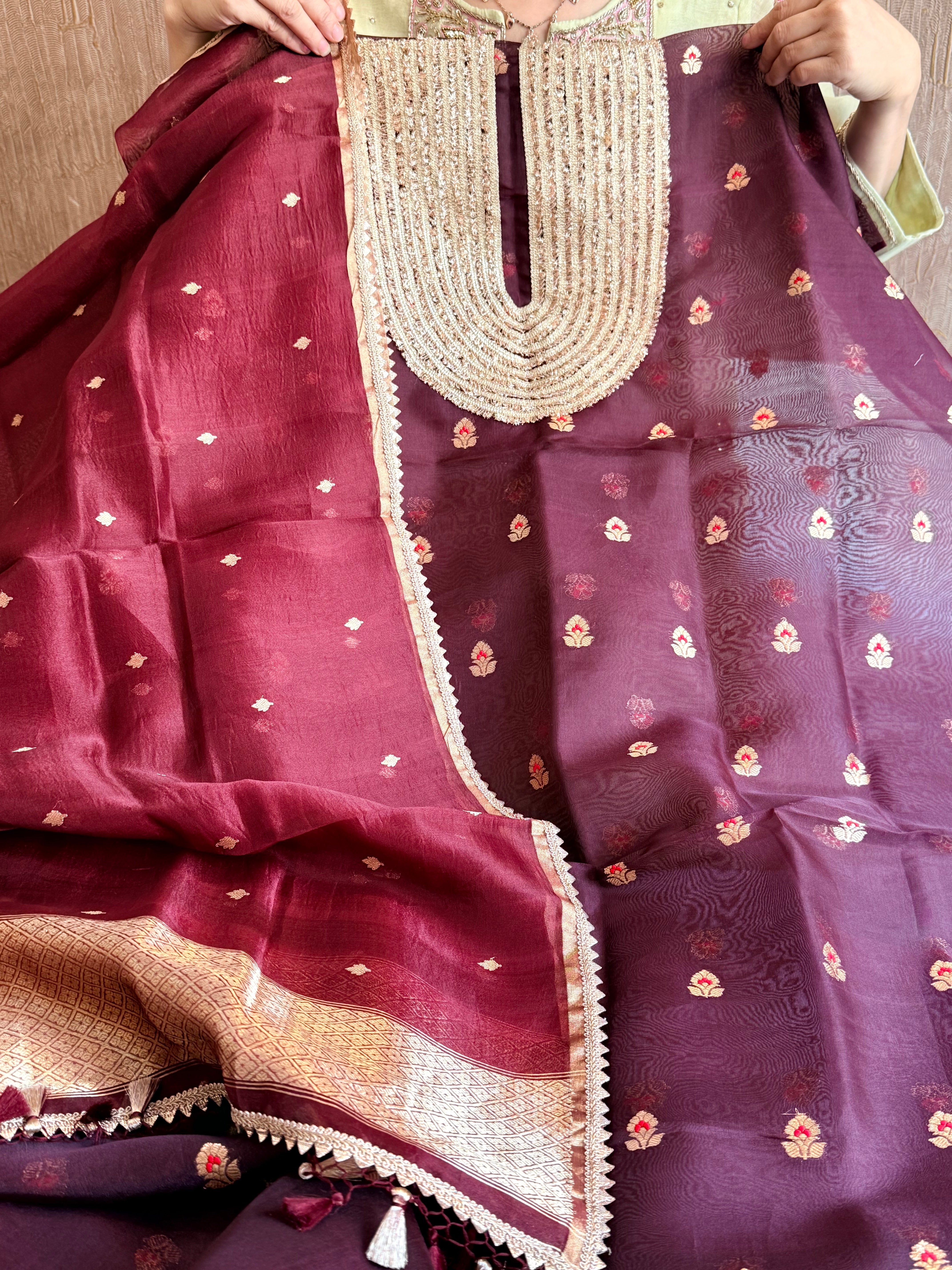 Coinwork banarasi kora silk deep plum kadhwa suit set