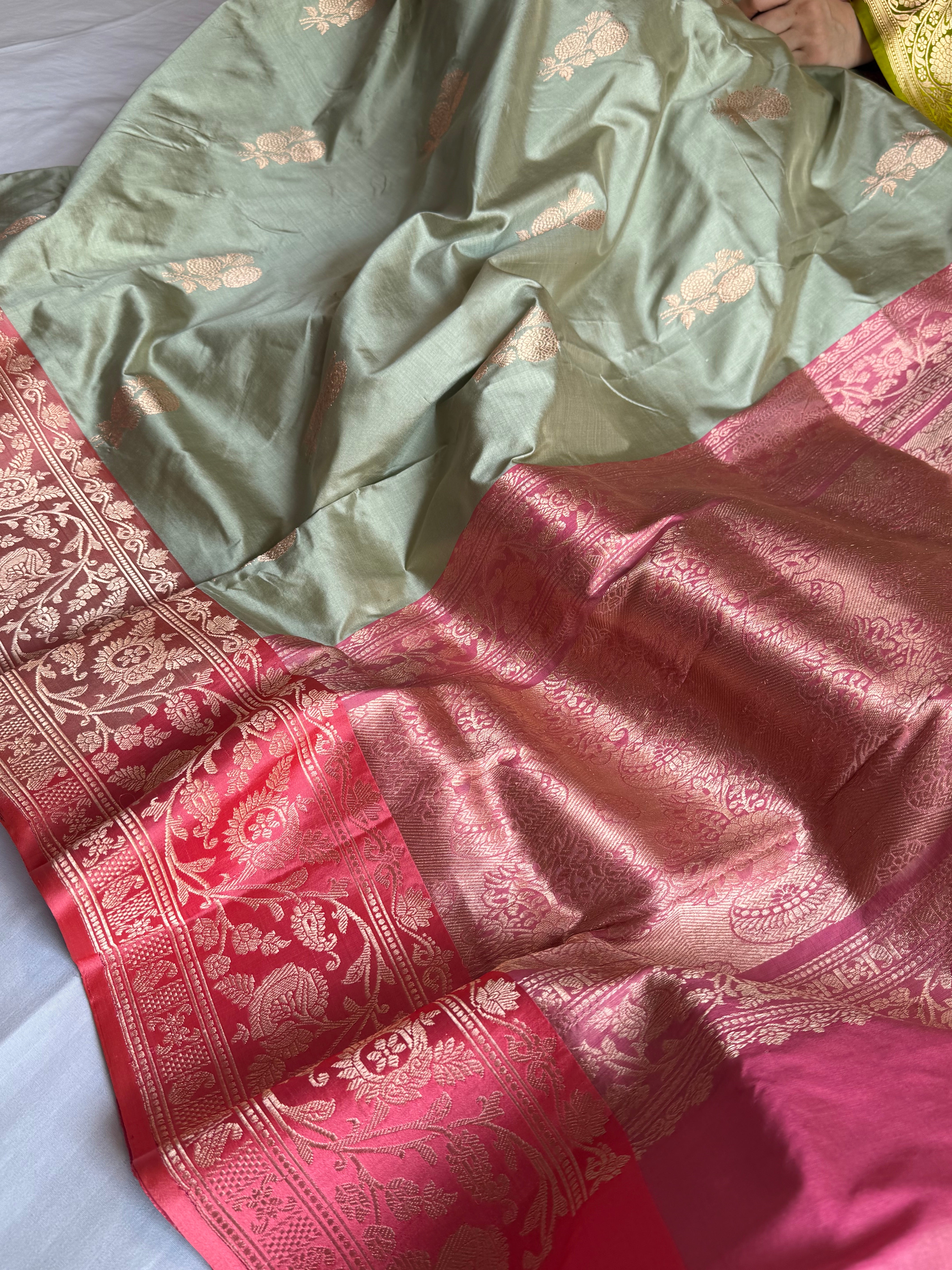 Mint green-peach contrast border katan kadhwa silk saree