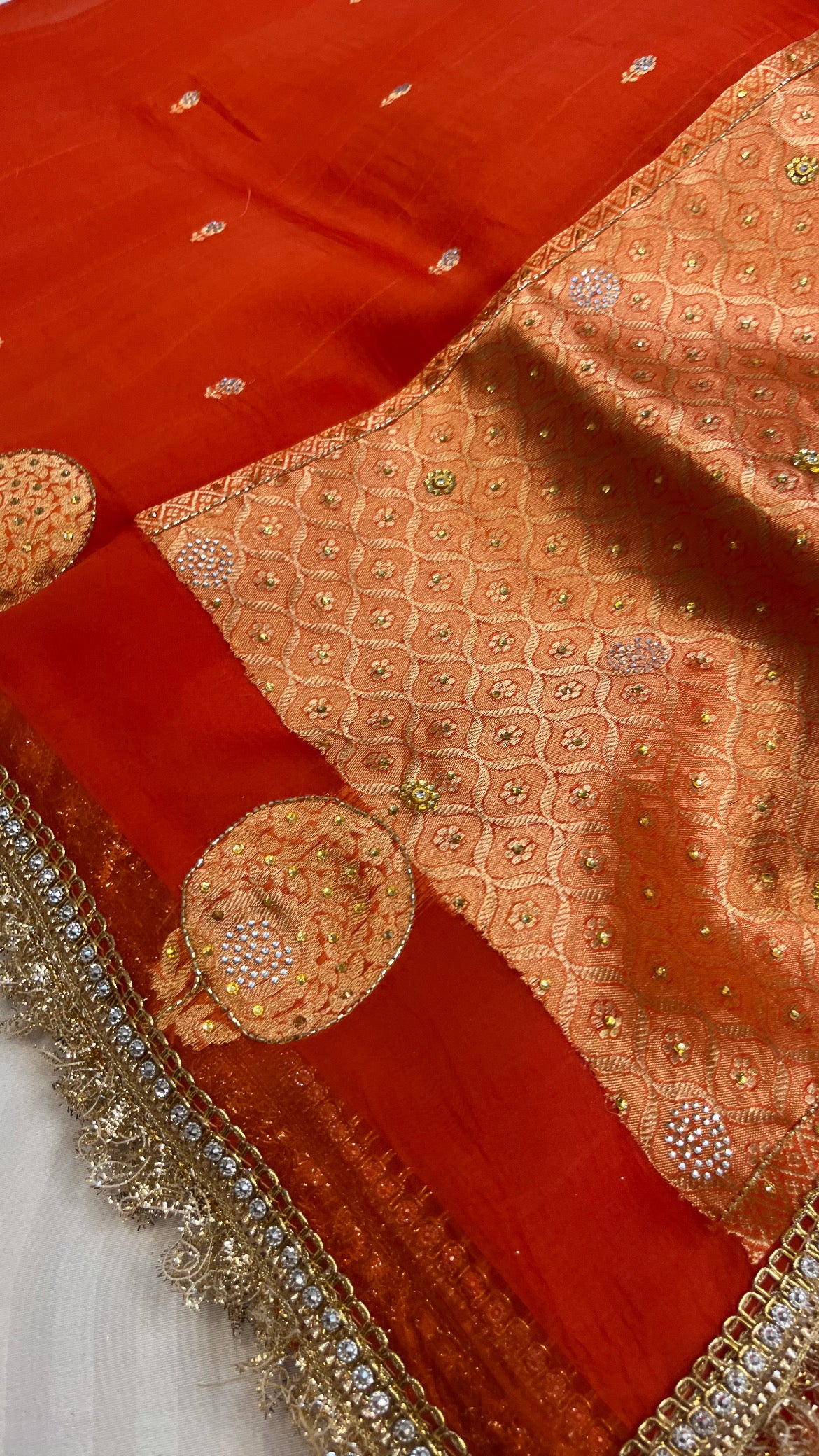 Fanta red sitara kora silk stonework saree