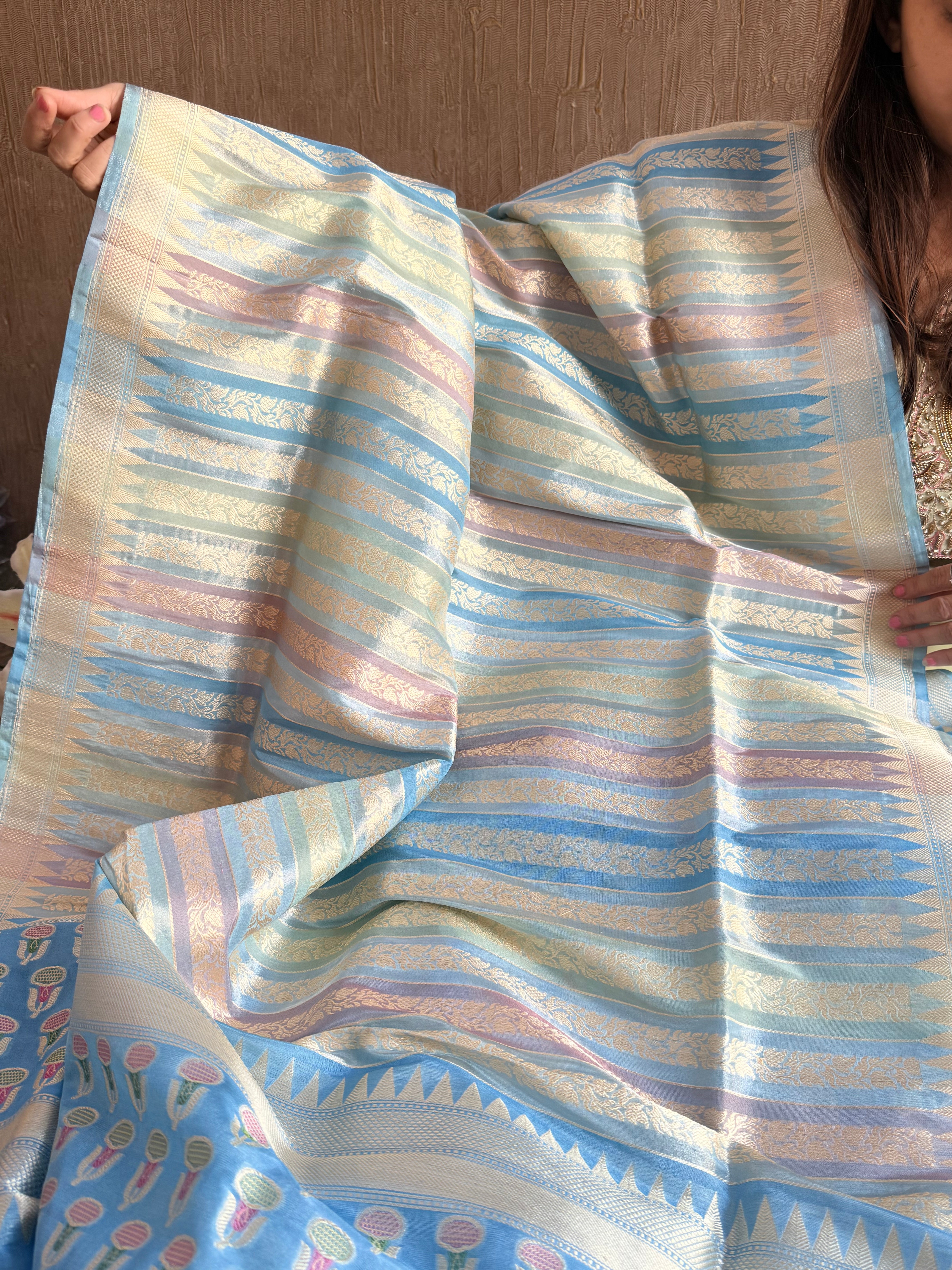 Katan gorgette shades of blue pastels rangkaat weaving suit set