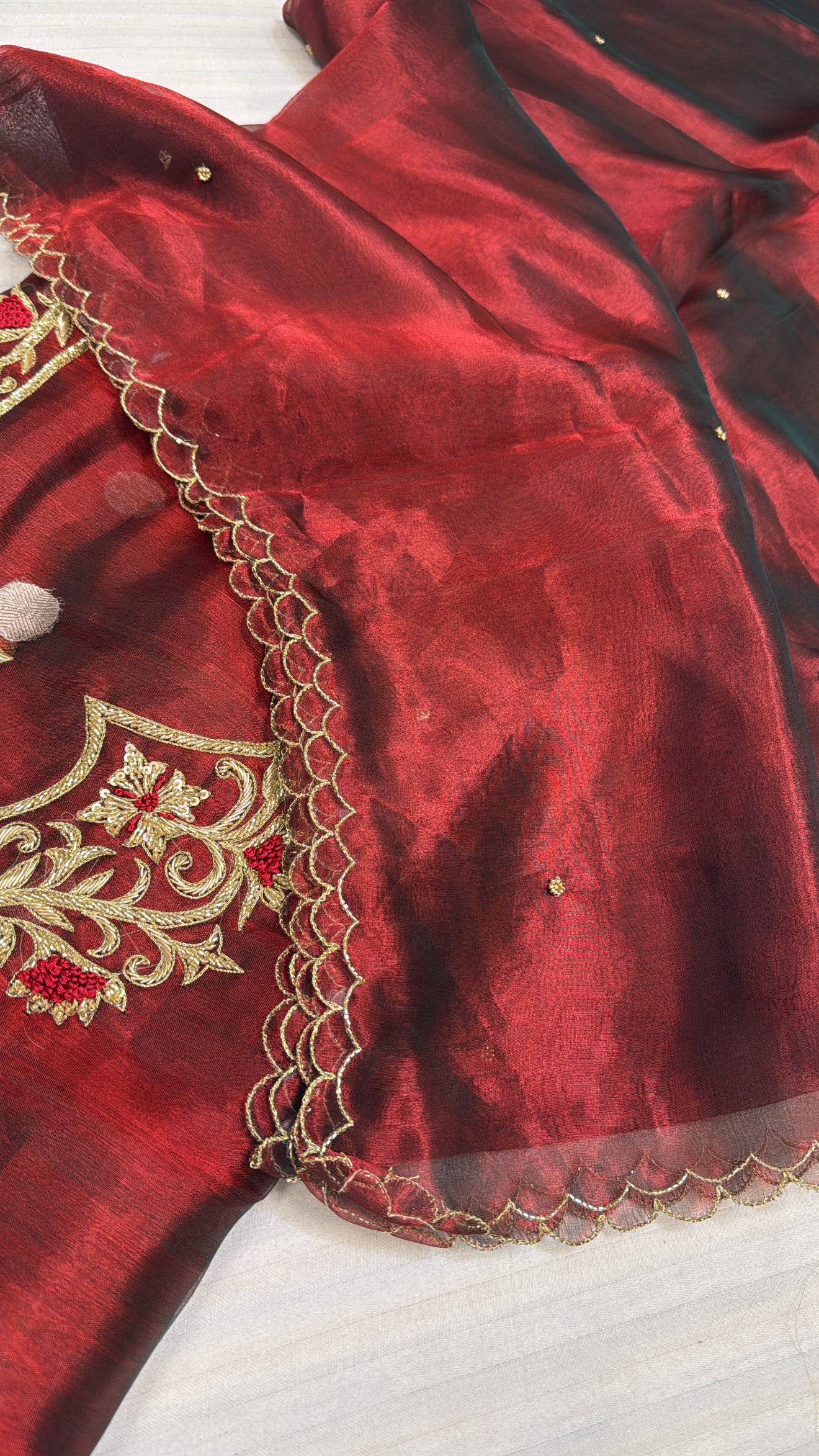 Shagun ke suits - Blood red tissue silk heavy hand embroidered suit sets