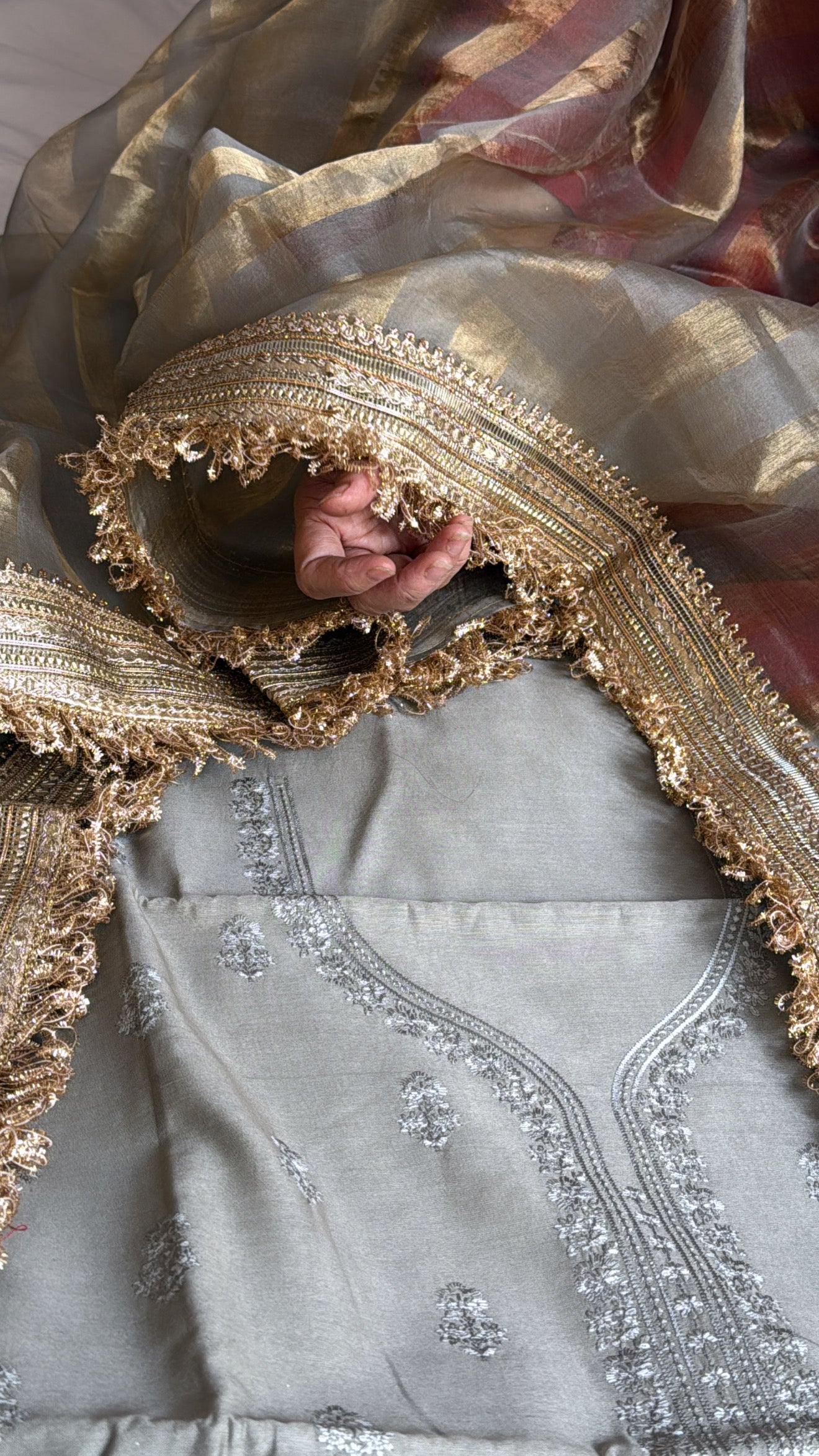 Banarasi cotton silk hand embroidered kurta paired with kora tissue striped duppata set