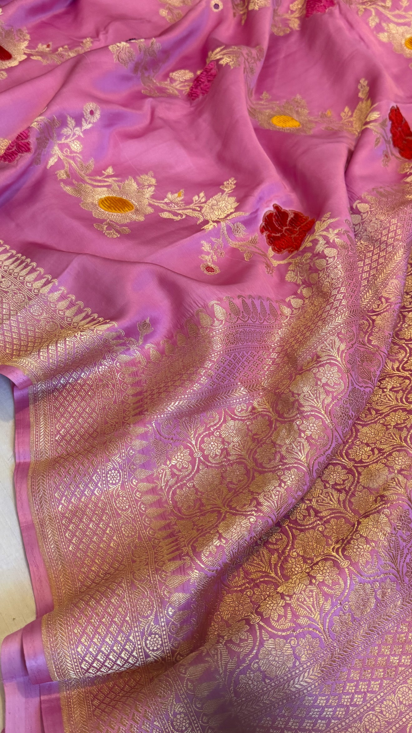 Blush pink banarasi mashru silk velvet buti kadhwa weaving saree