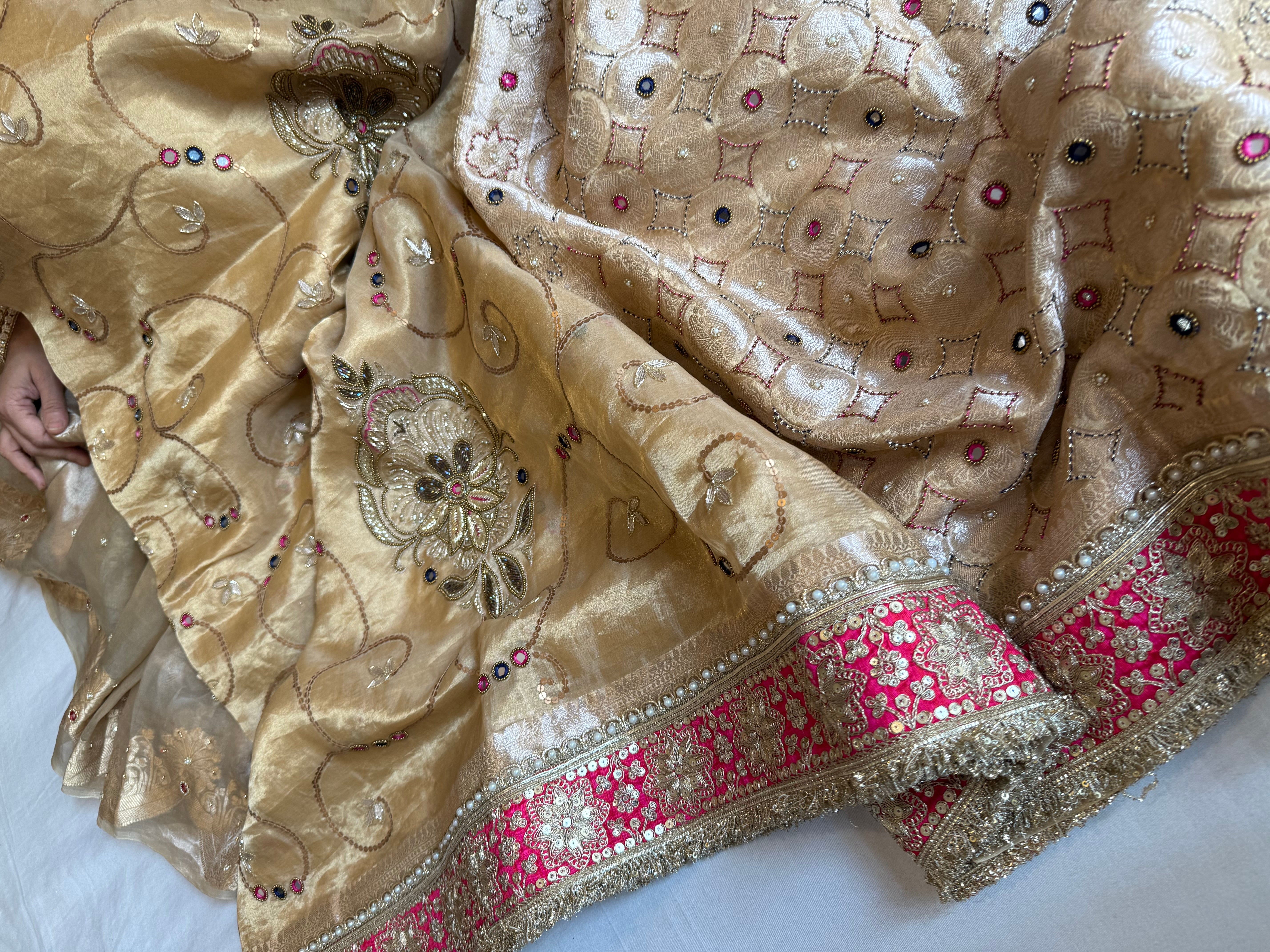 Kutchi inspired “sheesham edit” mirror work and meenakari work hand embroidered saree