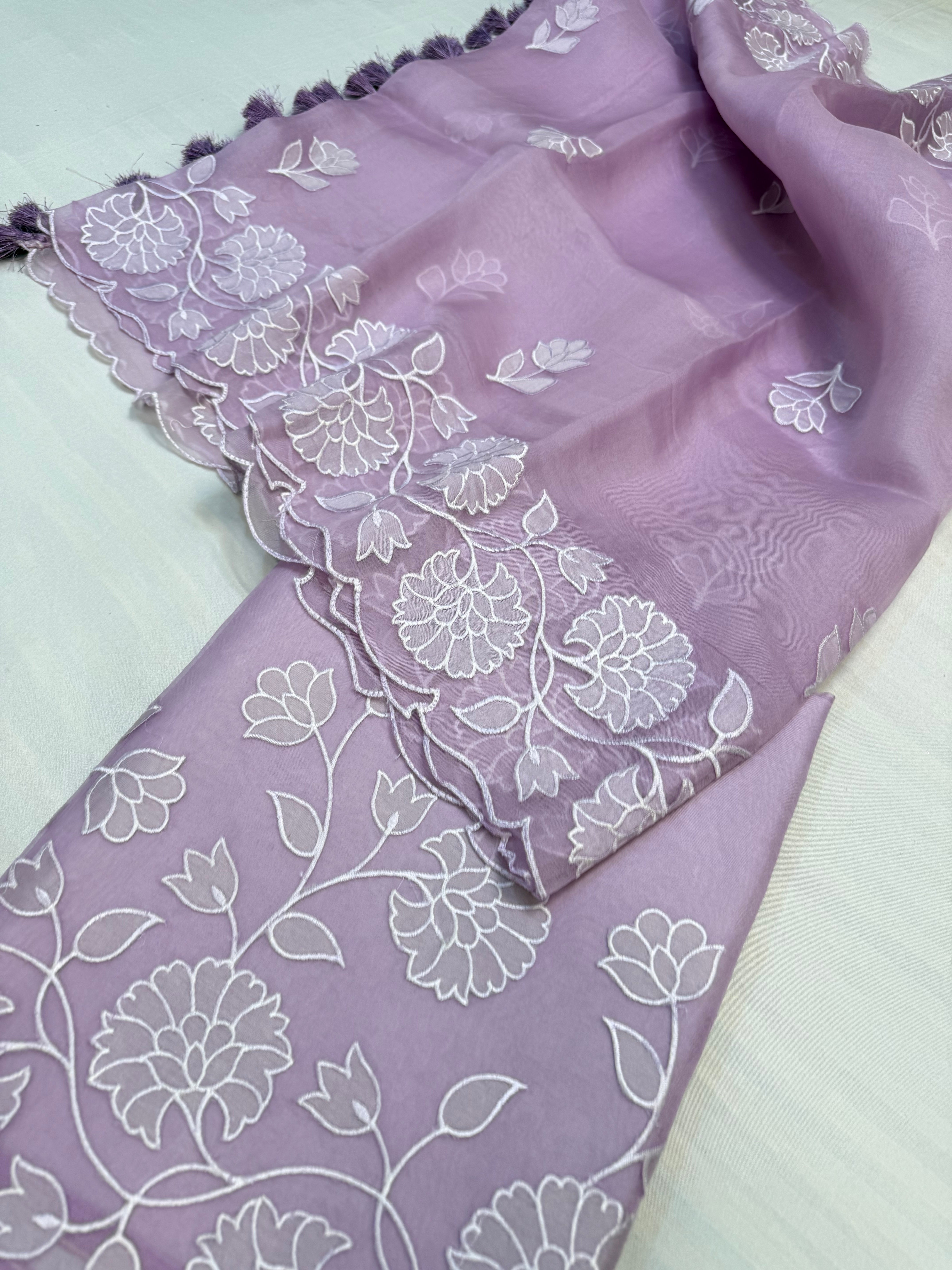 Dreamy lilac kora silk hand embroidered appliqué work suit set