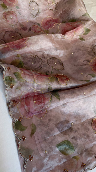 Printed tissue silk gotapatti kadhwa hand embroidered saree