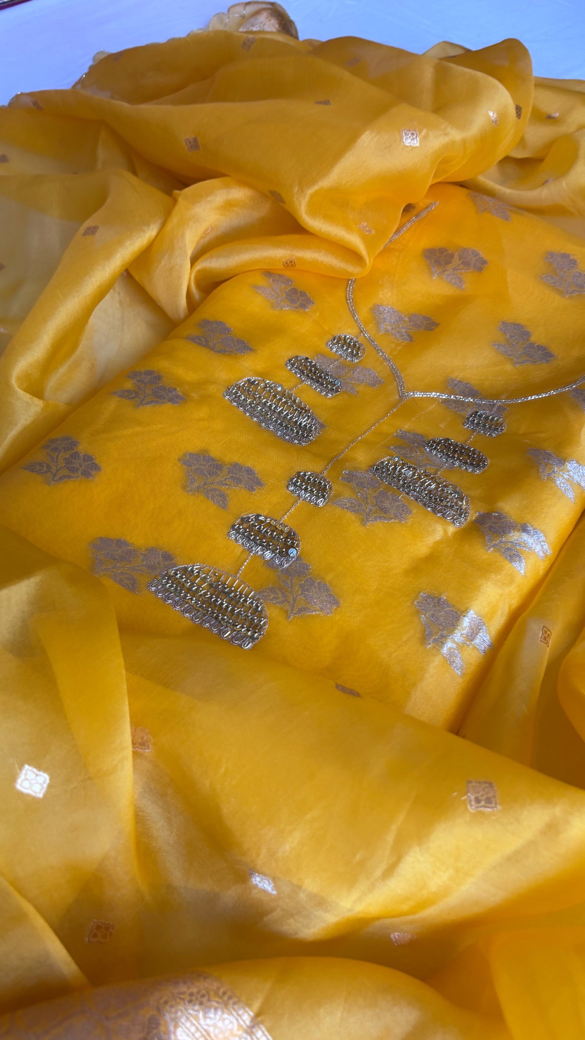 Banarasi “haldi ka din” kora silk hand embroidered kadhwa suit sets