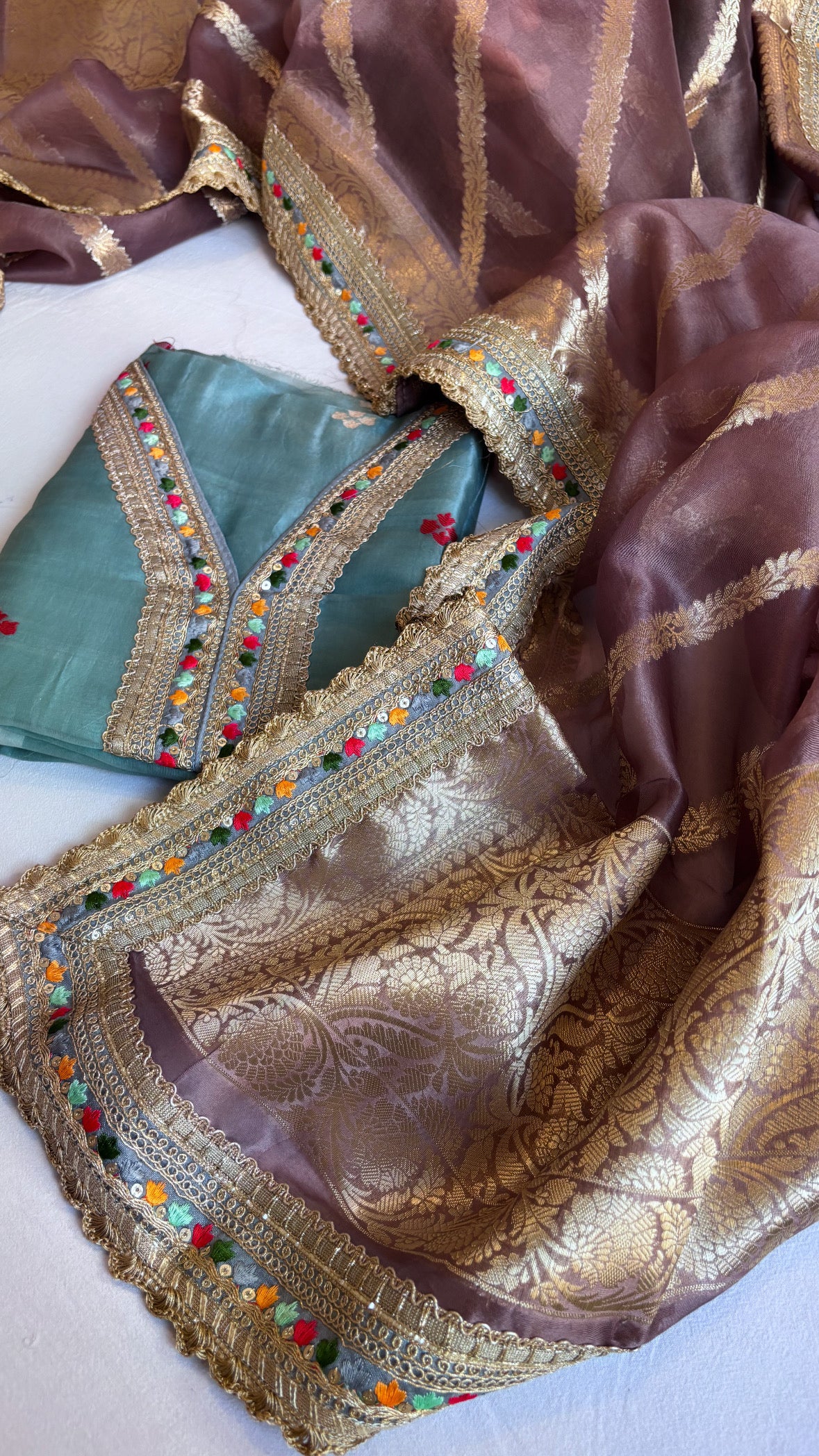Banarasi sage blue-dull lilac kora silk combination gotapatti suit sets