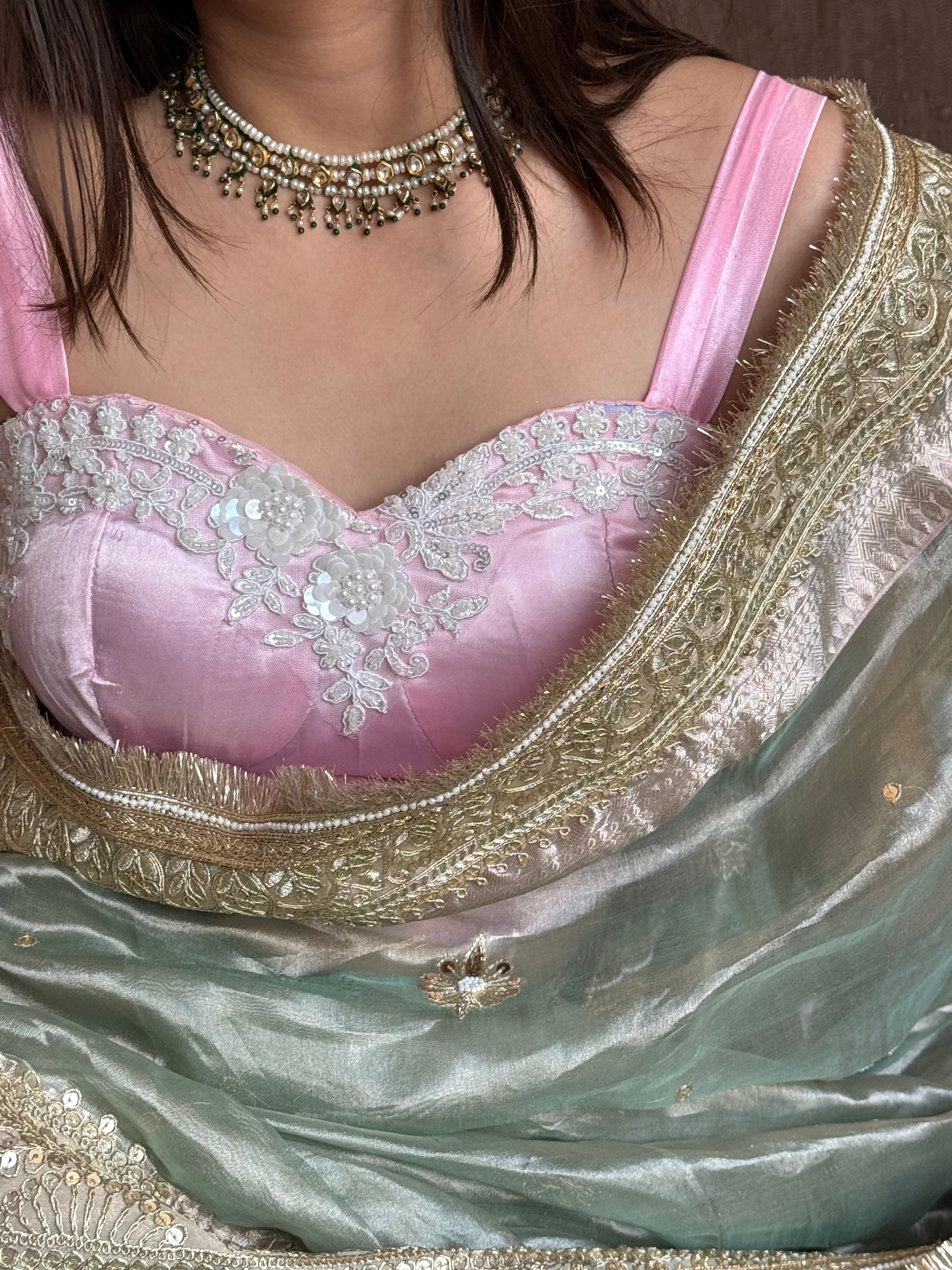 Satin blush pink pearl hand embroidered stitched blouse piece ( SIZE - 36 )