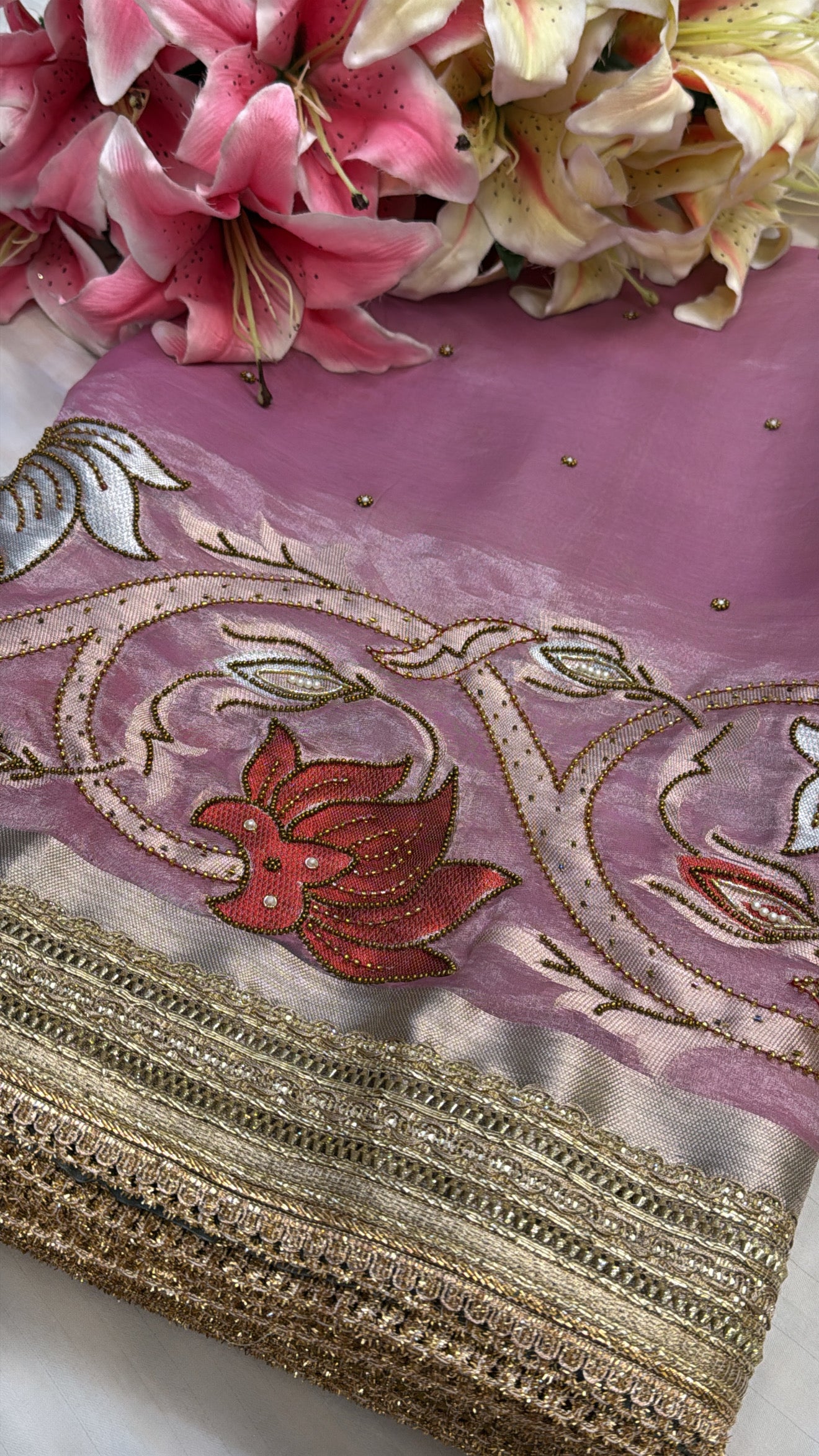 Wedding edit - Husn blush pink - gold combination tissue silk meenakari hand embroidered saree