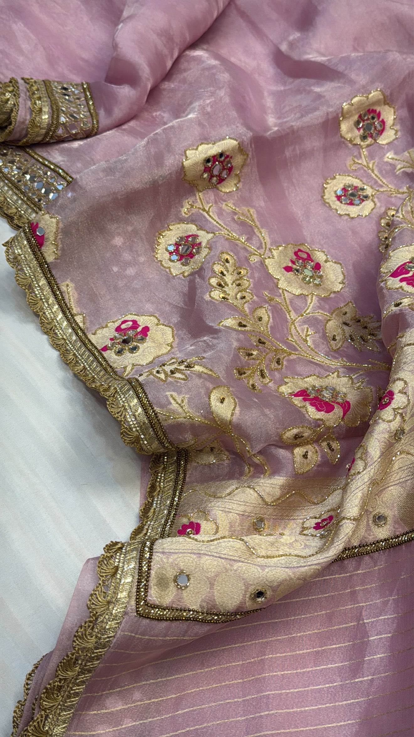 Blush pink mirror work meenakari banarasi tissue silk hand embroidered saree