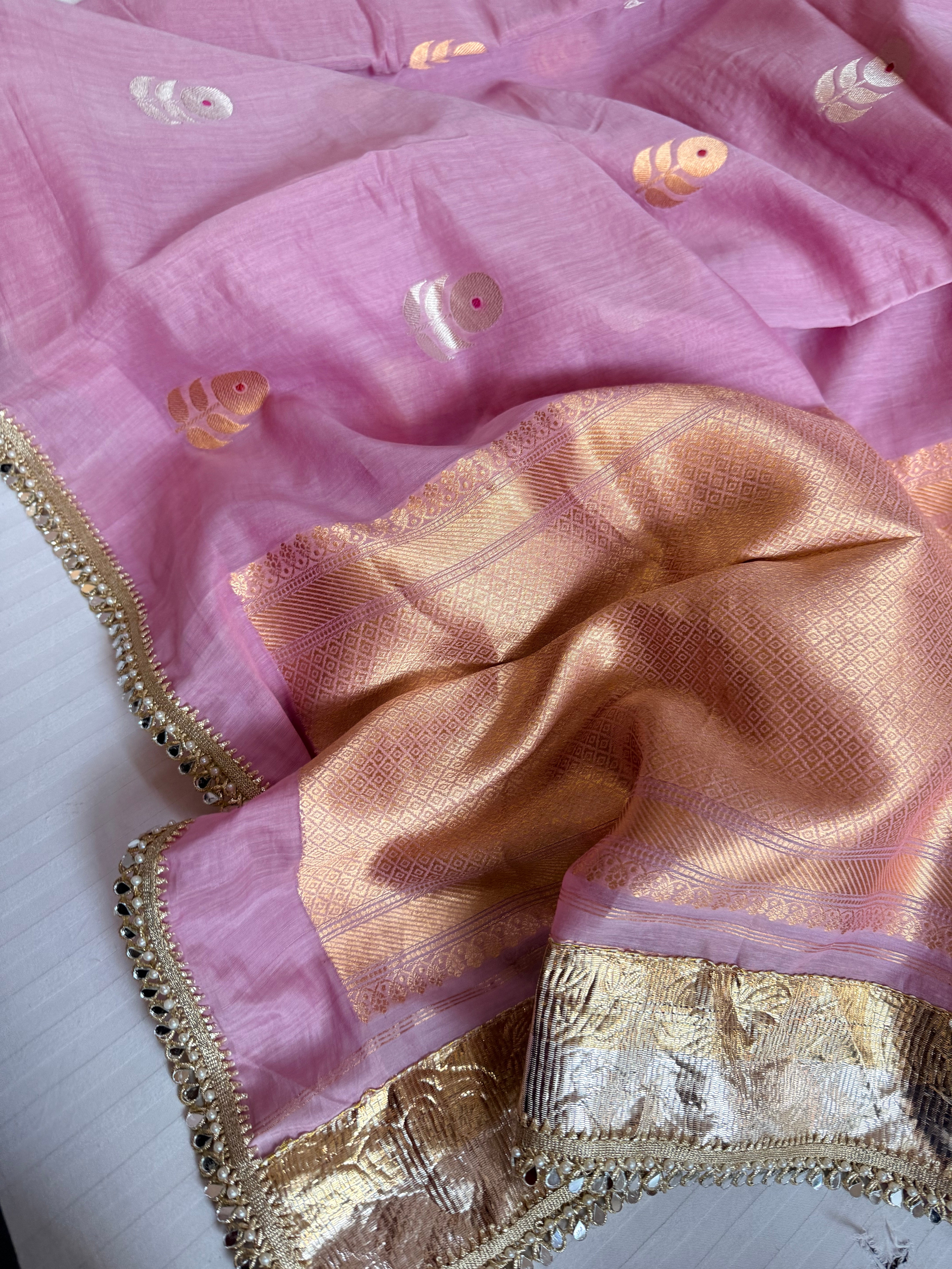 Handloom mulmul cotton silk sarees with lampi gota border