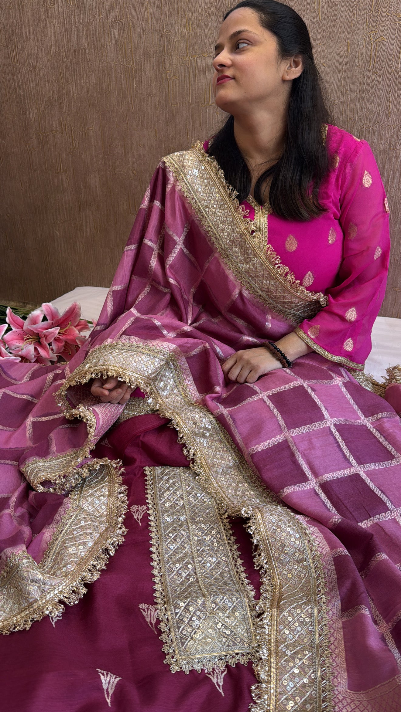 Dark plum purple rangkaat dye chaukadi weaving kadhwa silk suit set