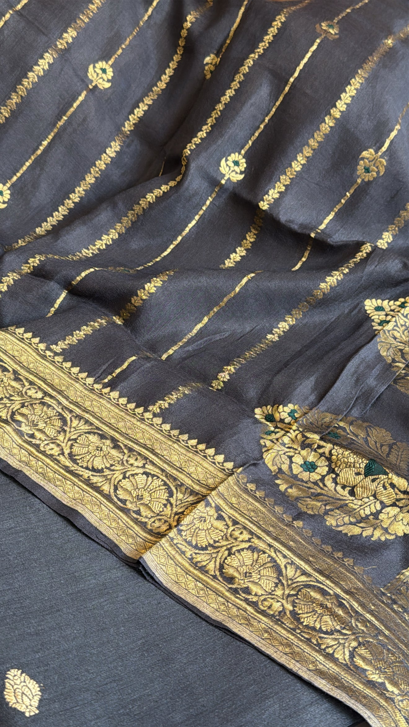 Metallic grey moonga silk kadhwa jaal suit set