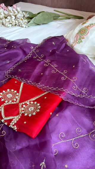 Husn red-purple shade kora silk hand embroidered suit set