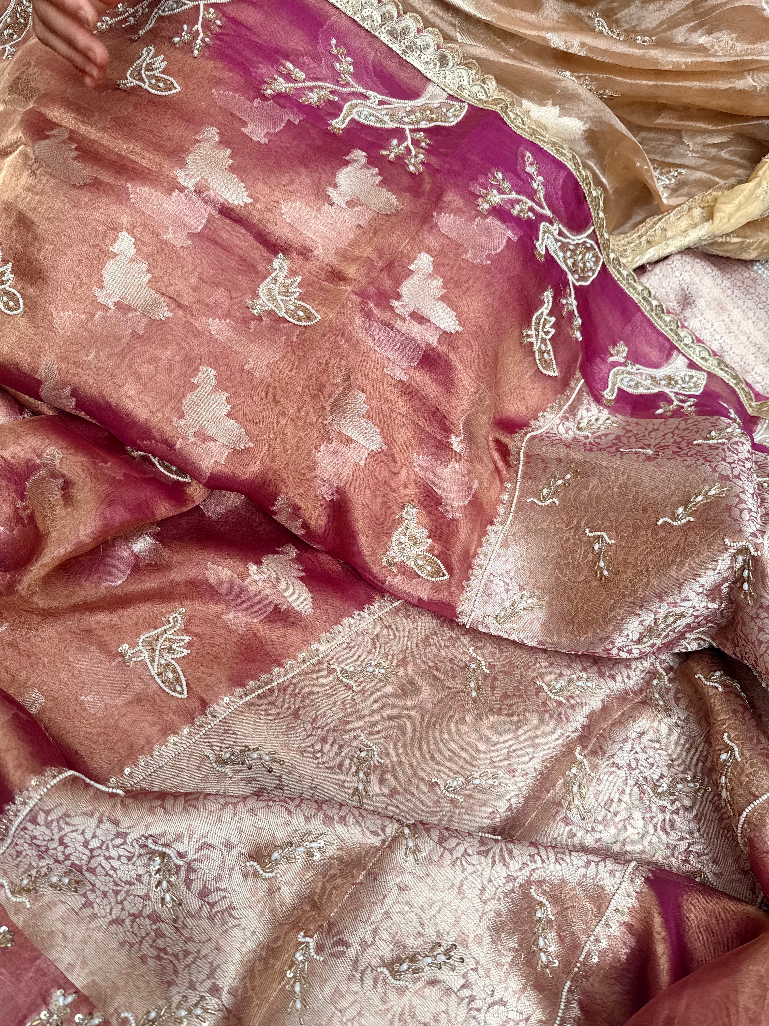 Tyohaar edit - Pearlwork morni hand embroidered tissue silk kadhwa saree