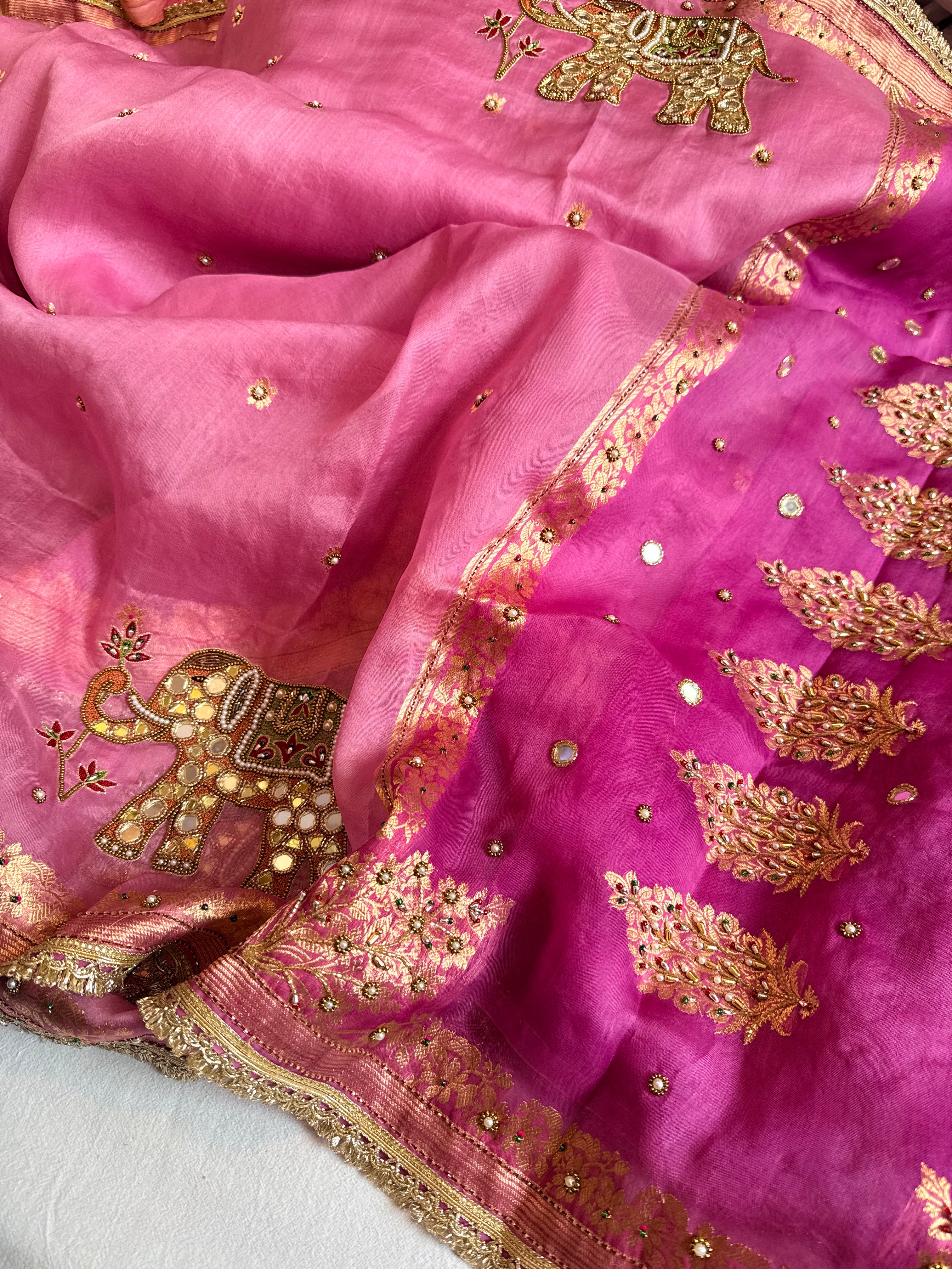 Tyohaar edit - Chap dye kora silk elephant motif hand embroidered saree