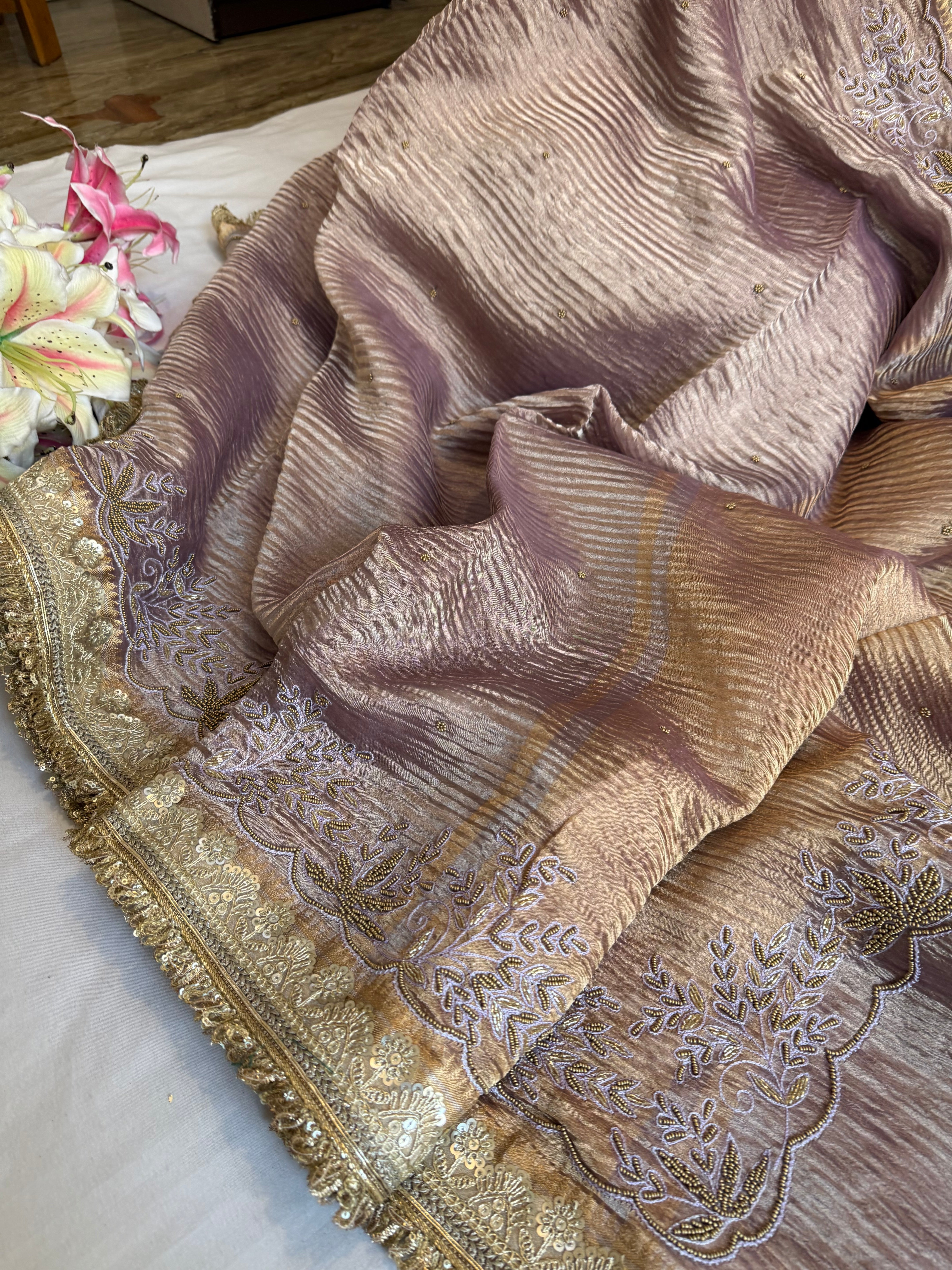 Blush lavender husn crushed tissue silk hand embroidered saree