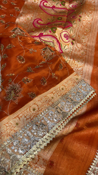 Trousseau edit — Narangi orange tissue silk hand embroidered saree