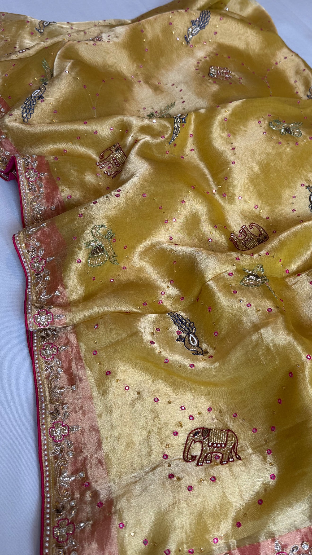Shikarbagh edit tissue silk hand embroidered kadhwa saree