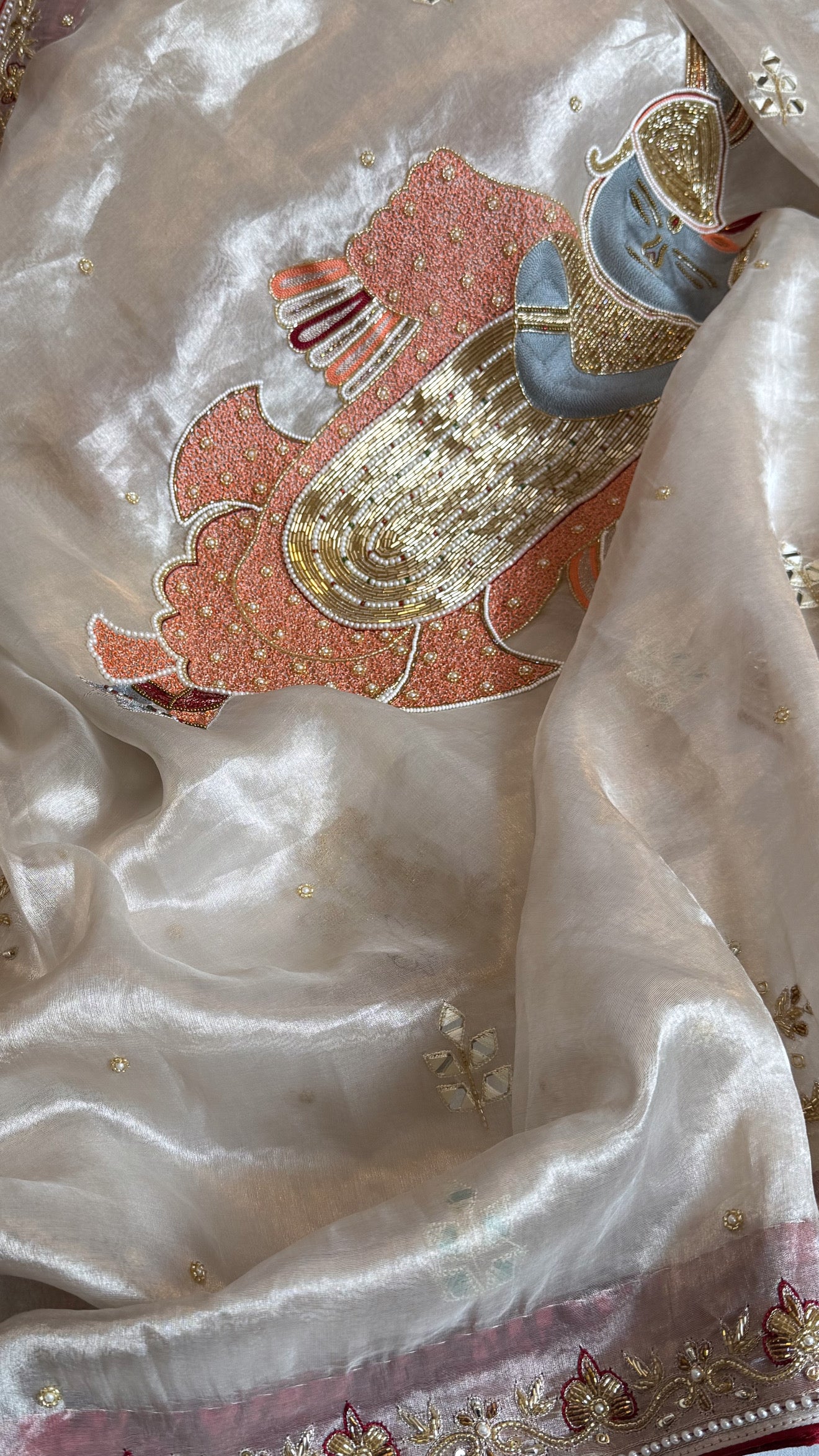 Radhika merchant inspired shreenathji motif diamond tissue silk hand embroidered saree