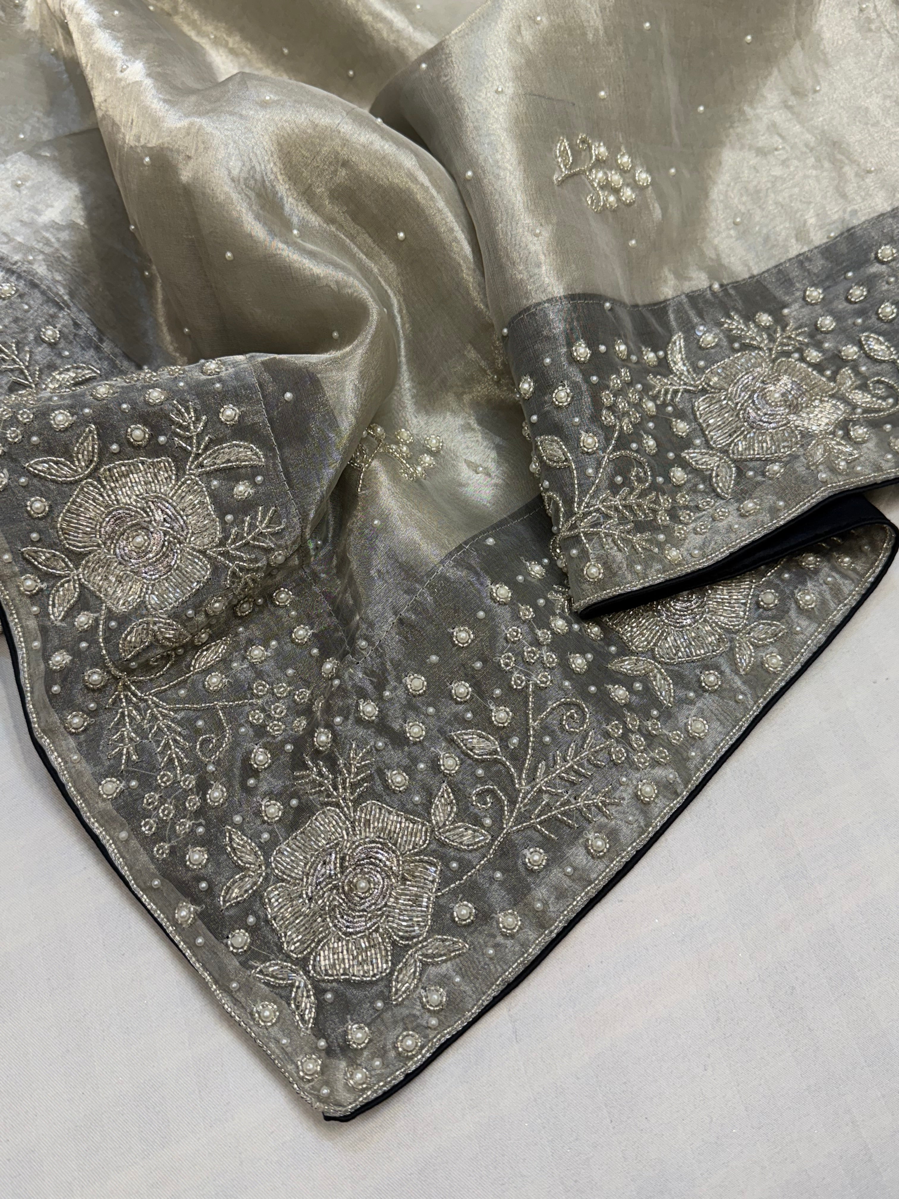 Heere aur moti edit- Ivory diamond tissue silk heavy pearl zardozi work hand embroidered saree